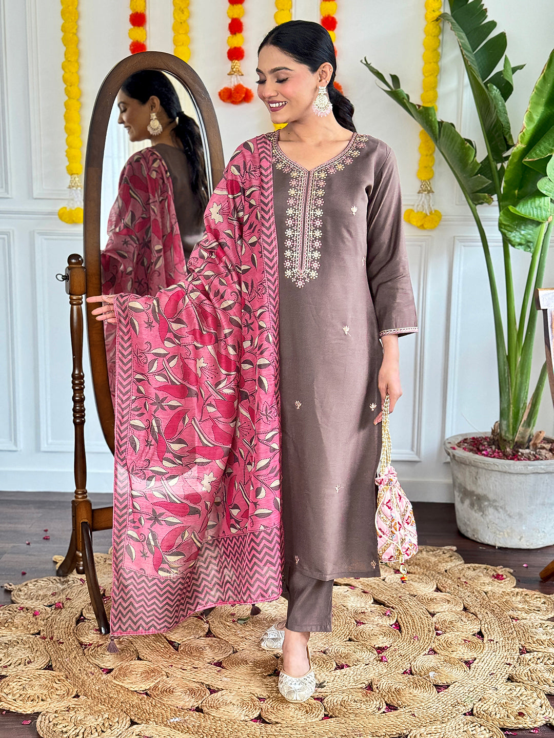 Women's Grey Viscose Chanderi Embroidered Straight Kurta with Viscose Chanderi Pant & PURE Linen Printed Dupatta Set