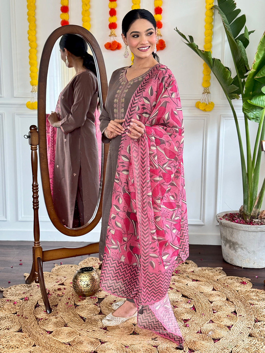 Women's Grey Viscose Chanderi Embroidered Straight Kurta with Viscose Chanderi Pant & PURE Linen Printed Dupatta Set