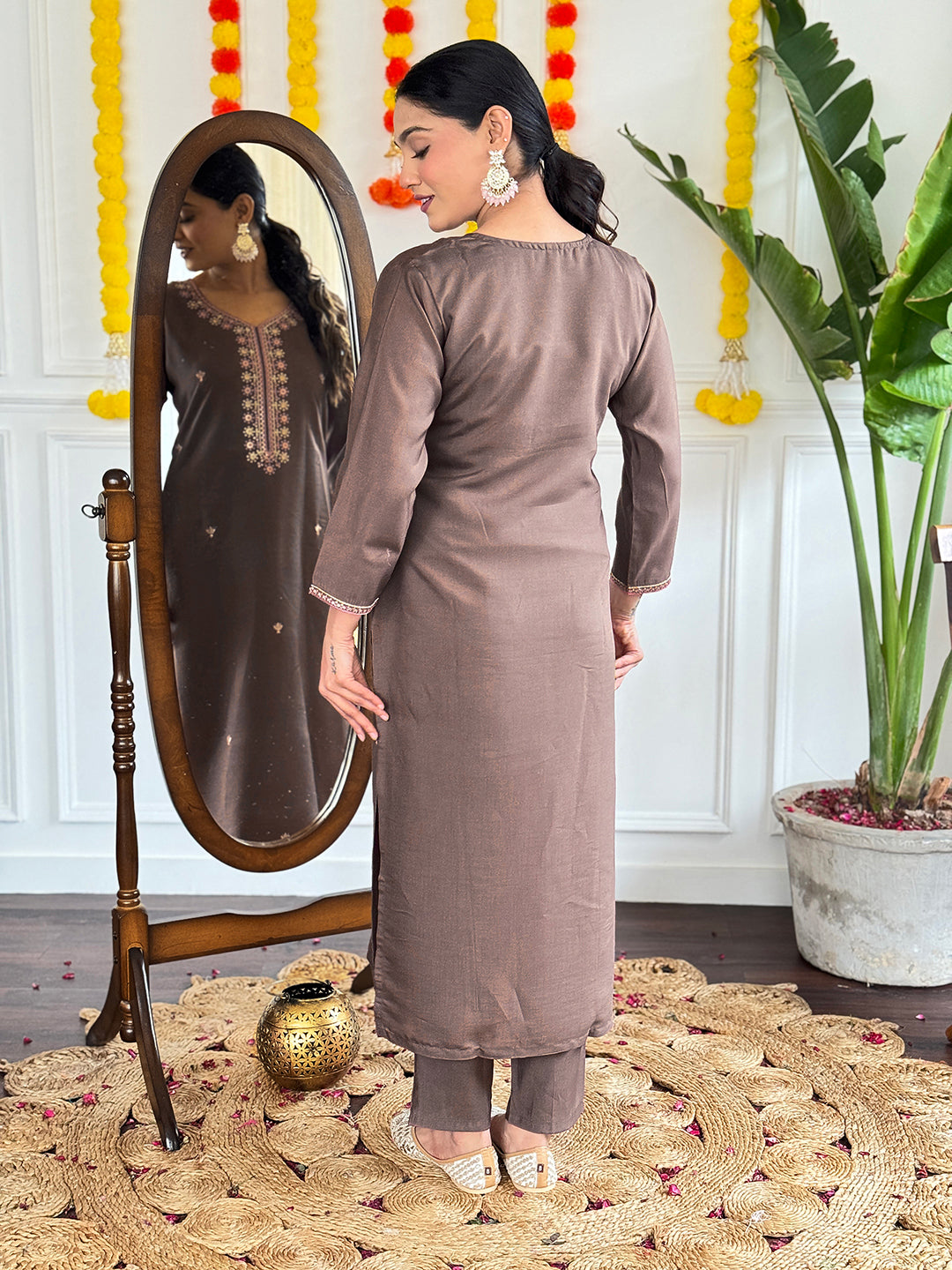 Women's Grey Viscose Chanderi Embroidered Straight Kurta with Viscose Chanderi Pant & PURE Linen Printed Dupatta Set