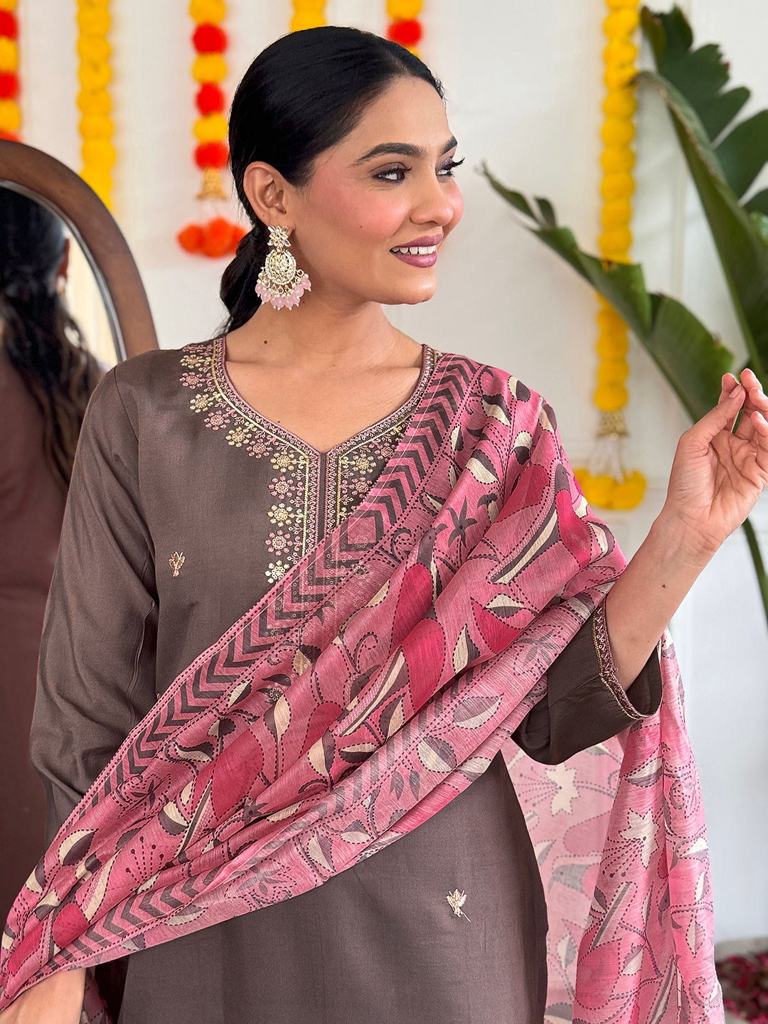 Women's Grey Viscose Chanderi Embroidered Straight Kurta with Viscose Chanderi Pant & PURE Linen Printed Dupatta Set
