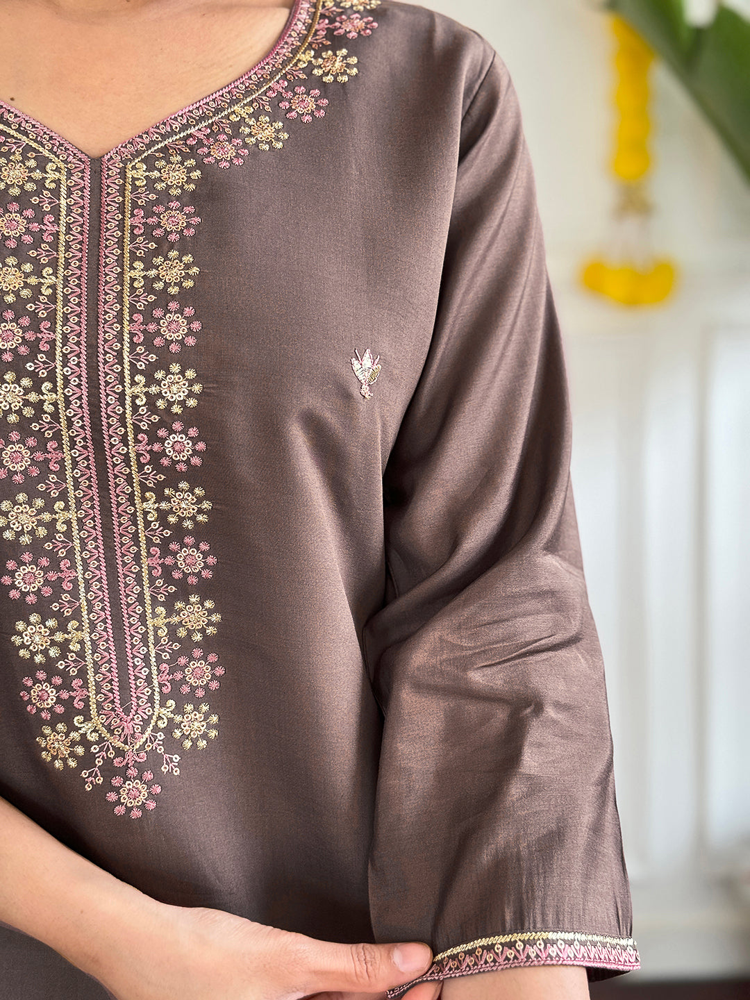 Women's Grey Viscose Chanderi Embroidered Straight Kurta with Viscose Chanderi Pant & PURE Linen Printed Dupatta Set
