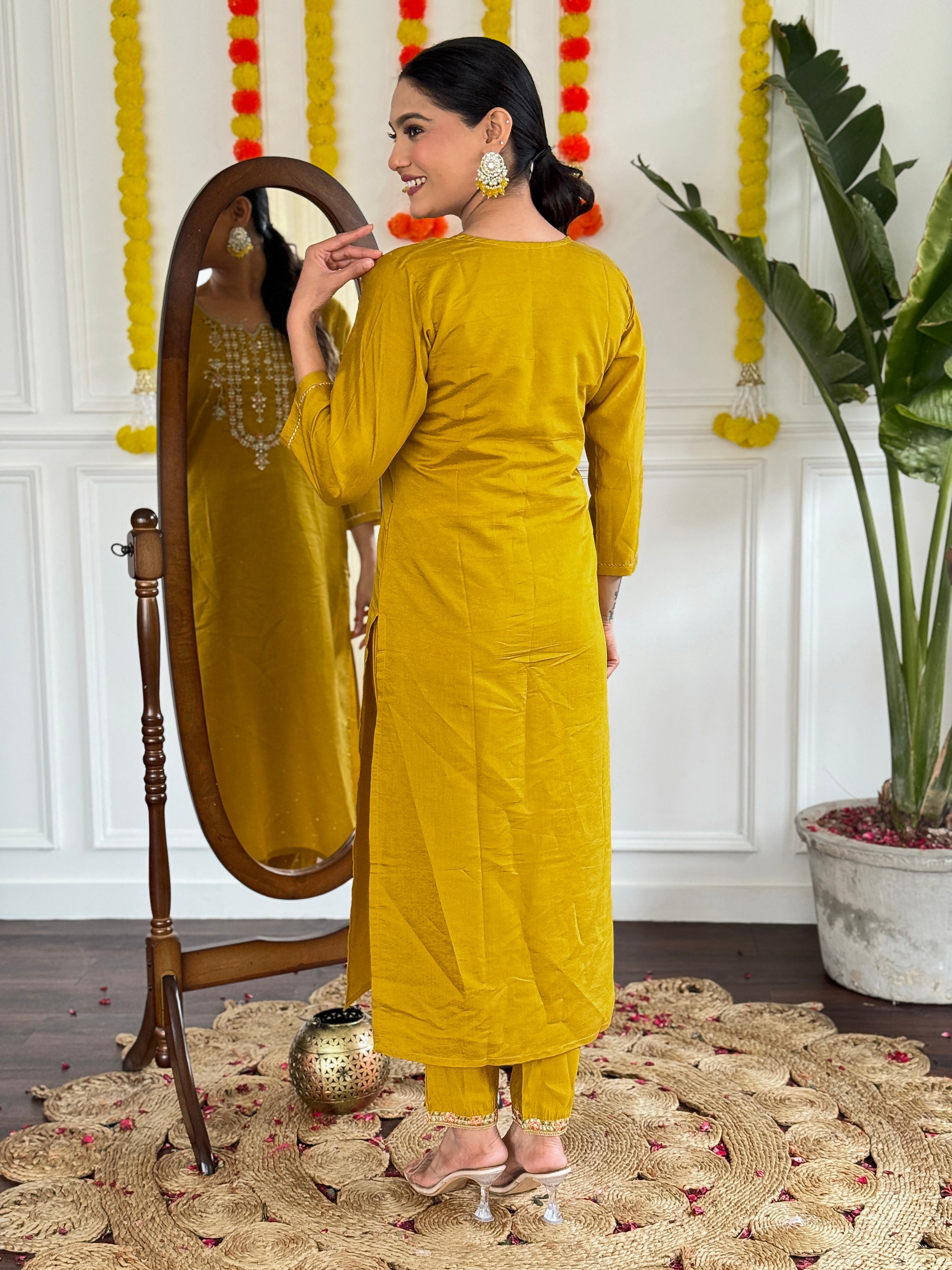 Women's Viscose Chanderi Embroidered Straight Kurta with Viscose Chanderi Pant & Pure linen Printed Dupatta Set