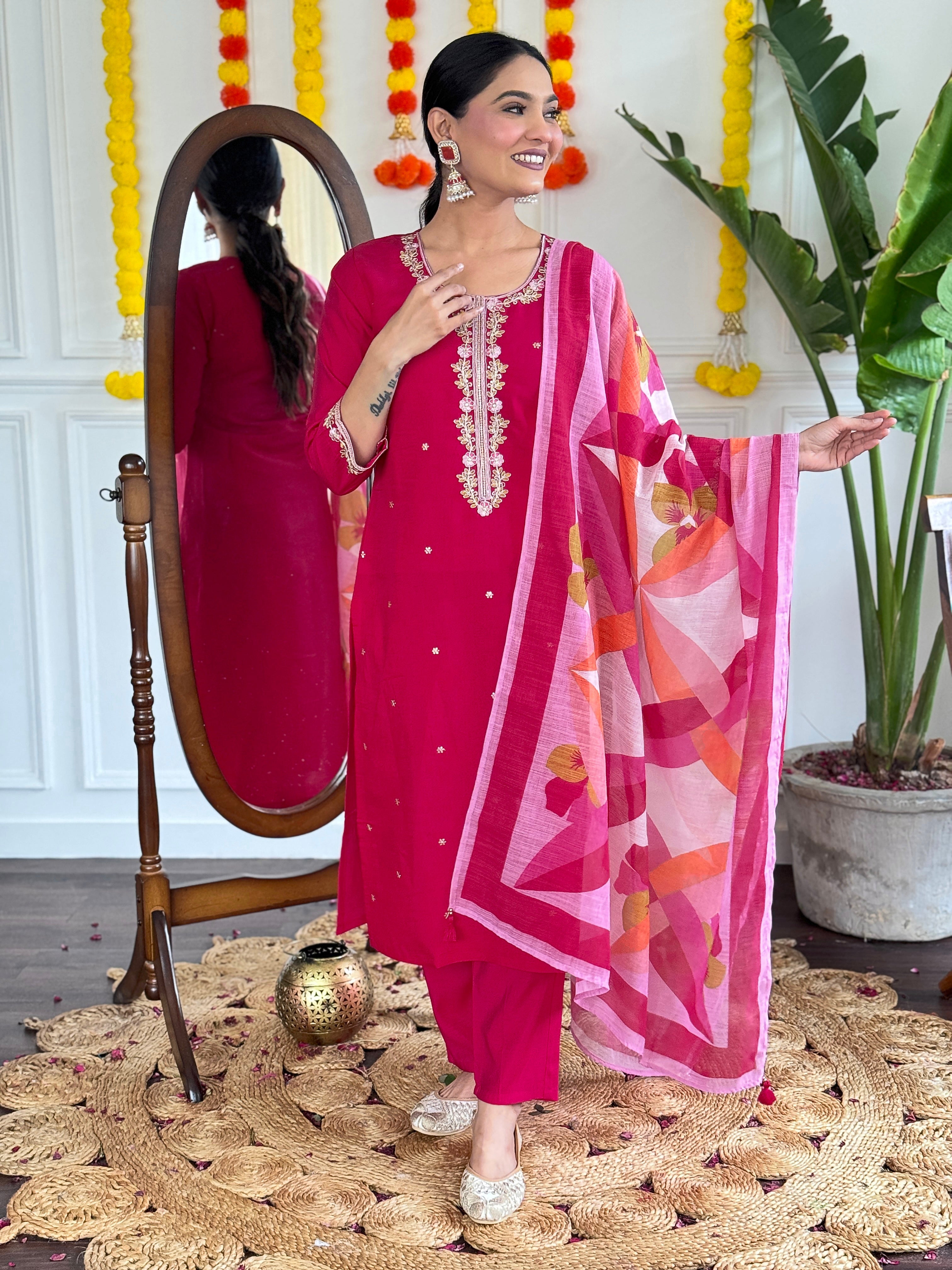 Women's  Viscose Chanderi Embroidered Straight Kurta with Viscose Chanderi Pant & PURE Linen Printed Dupatta Set