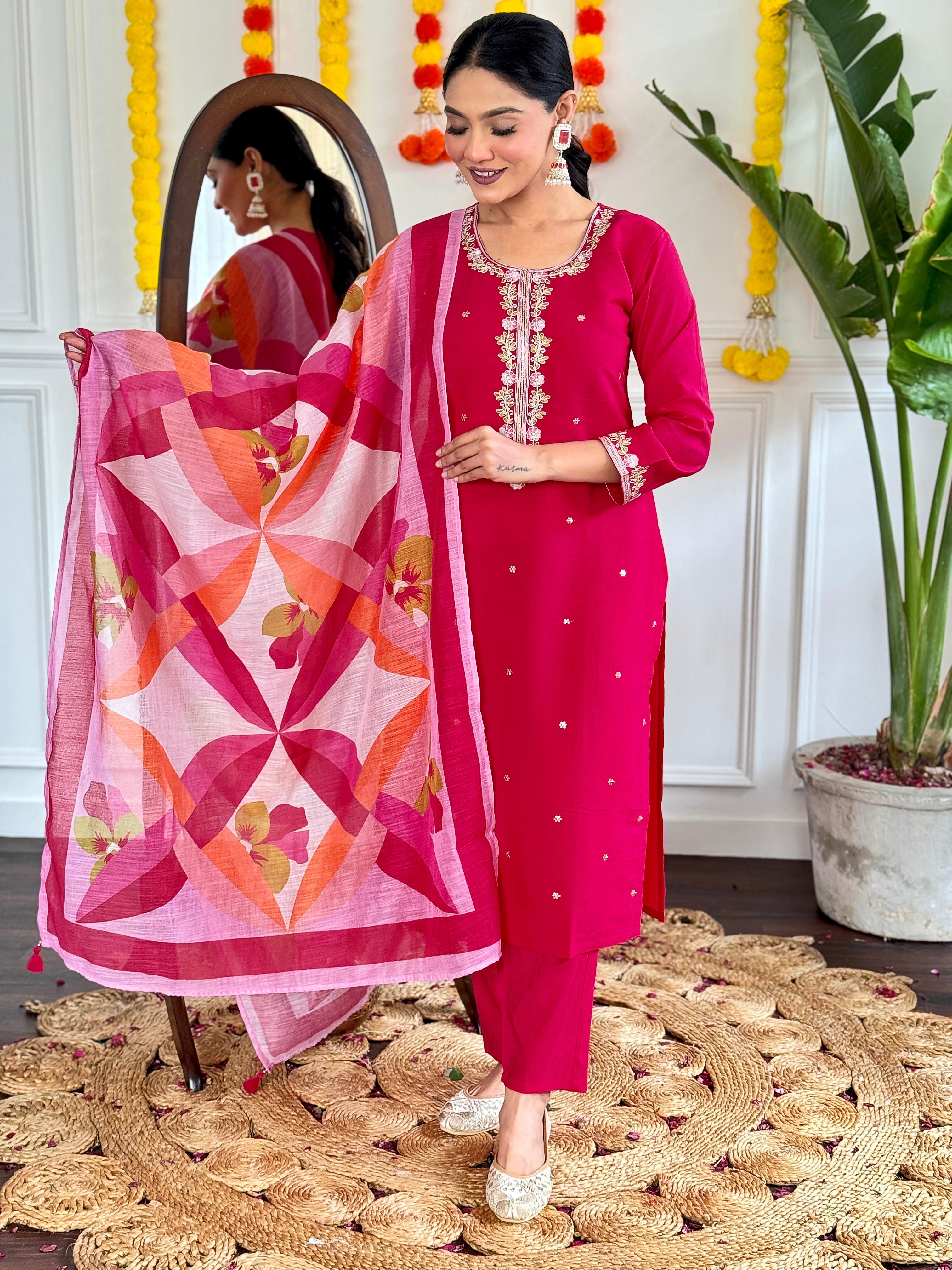 Women's  Viscose Chanderi Embroidered Straight Kurta with Viscose Chanderi Pant & PURE Linen Printed Dupatta Set
