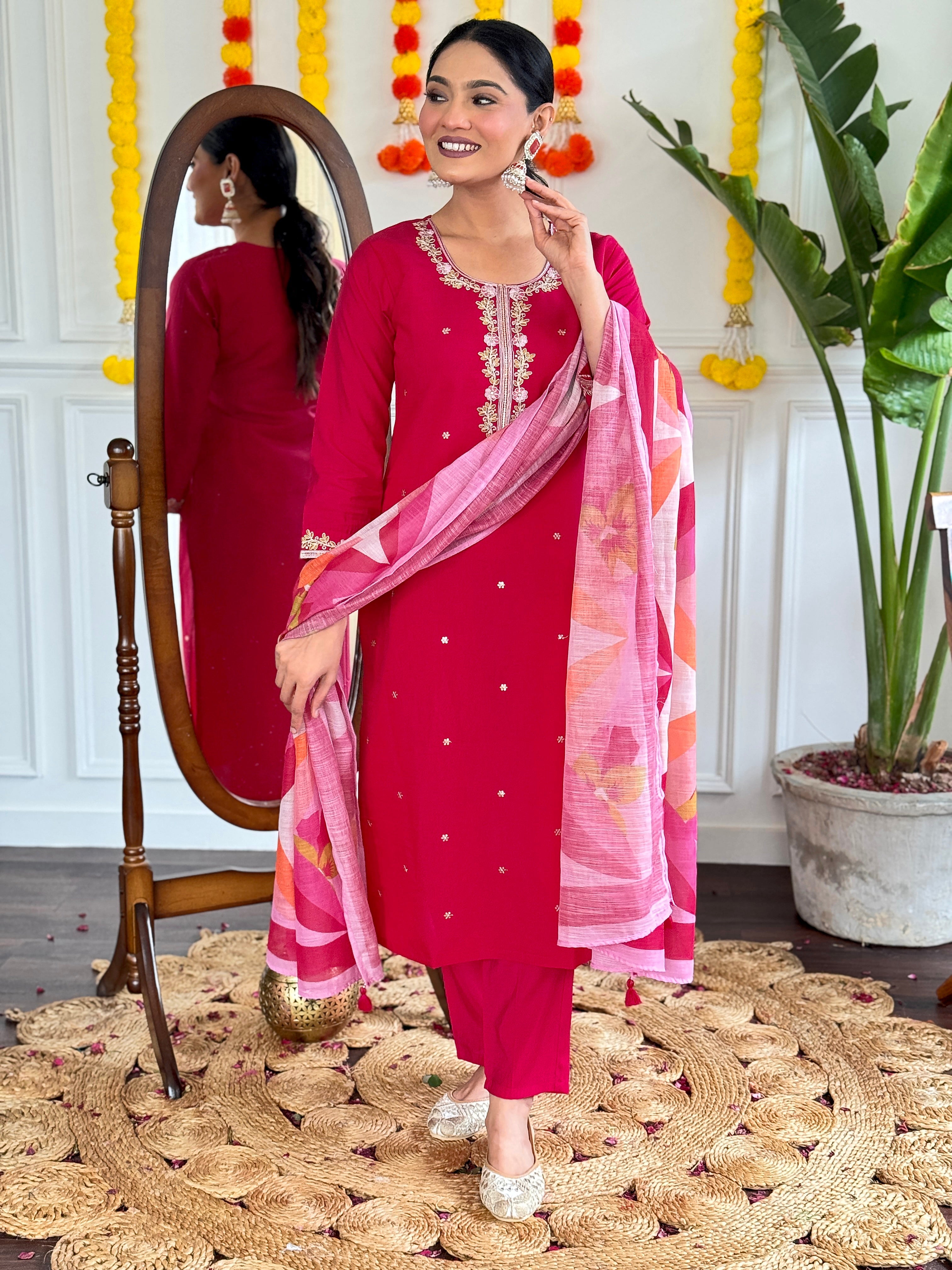 Women's  Viscose Chanderi Embroidered Straight Kurta with Viscose Chanderi Pant & PURE Linen Printed Dupatta Set