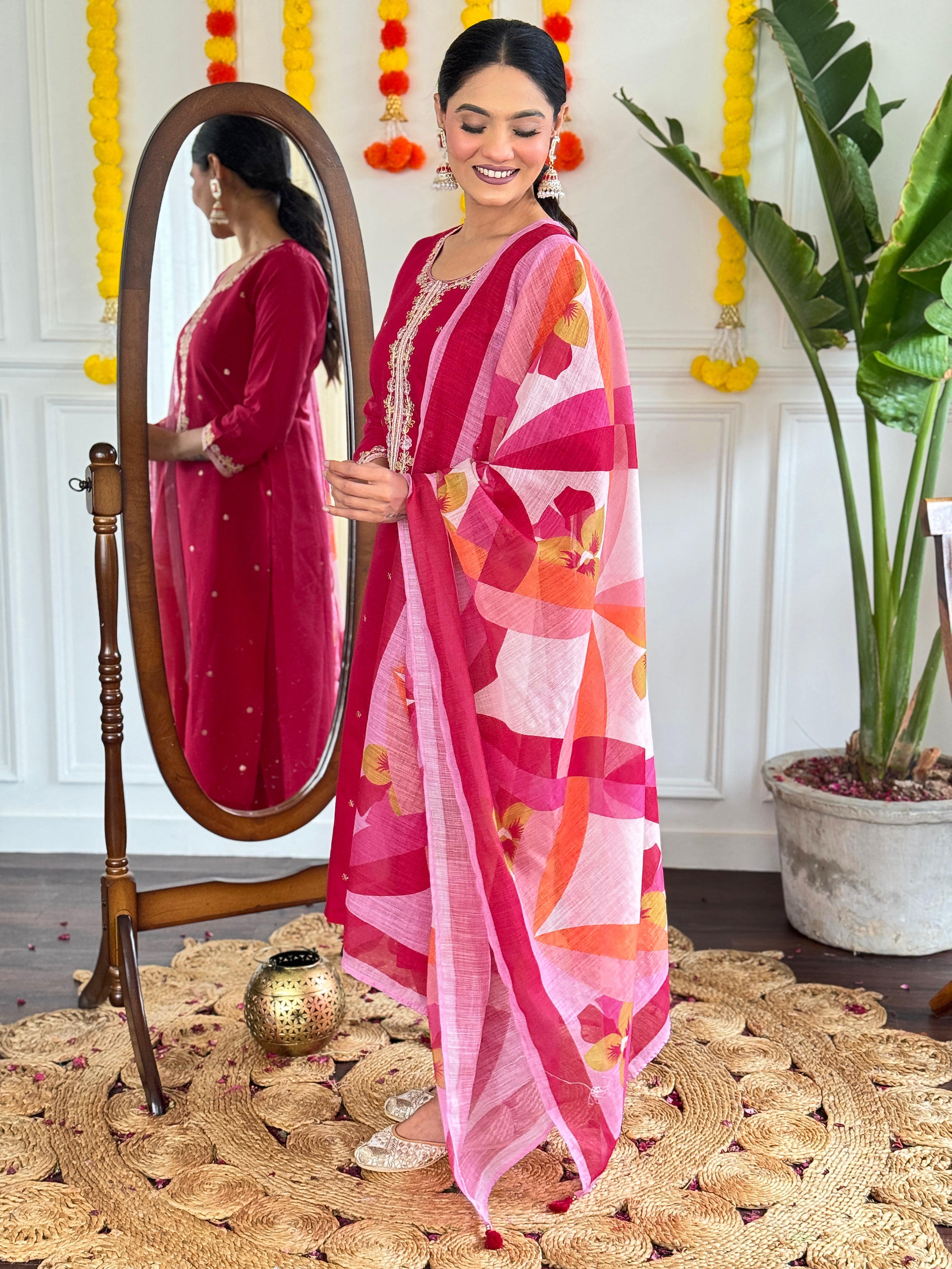Women's  Viscose Chanderi Embroidered Straight Kurta with Viscose Chanderi Pant & PURE Linen Printed Dupatta Set