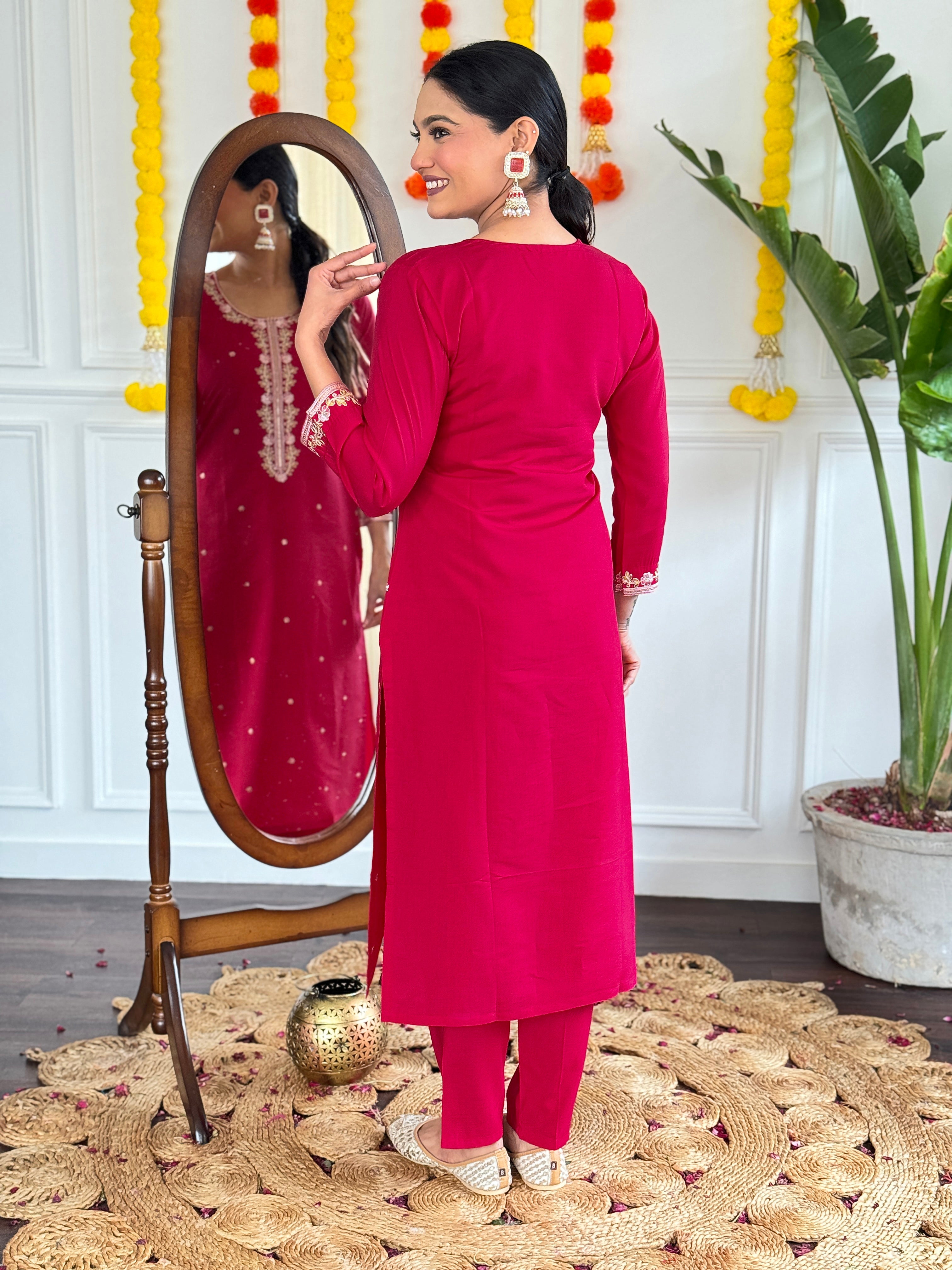 Women's  Viscose Chanderi Embroidered Straight Kurta with Viscose Chanderi Pant & PURE Linen Printed Dupatta Set