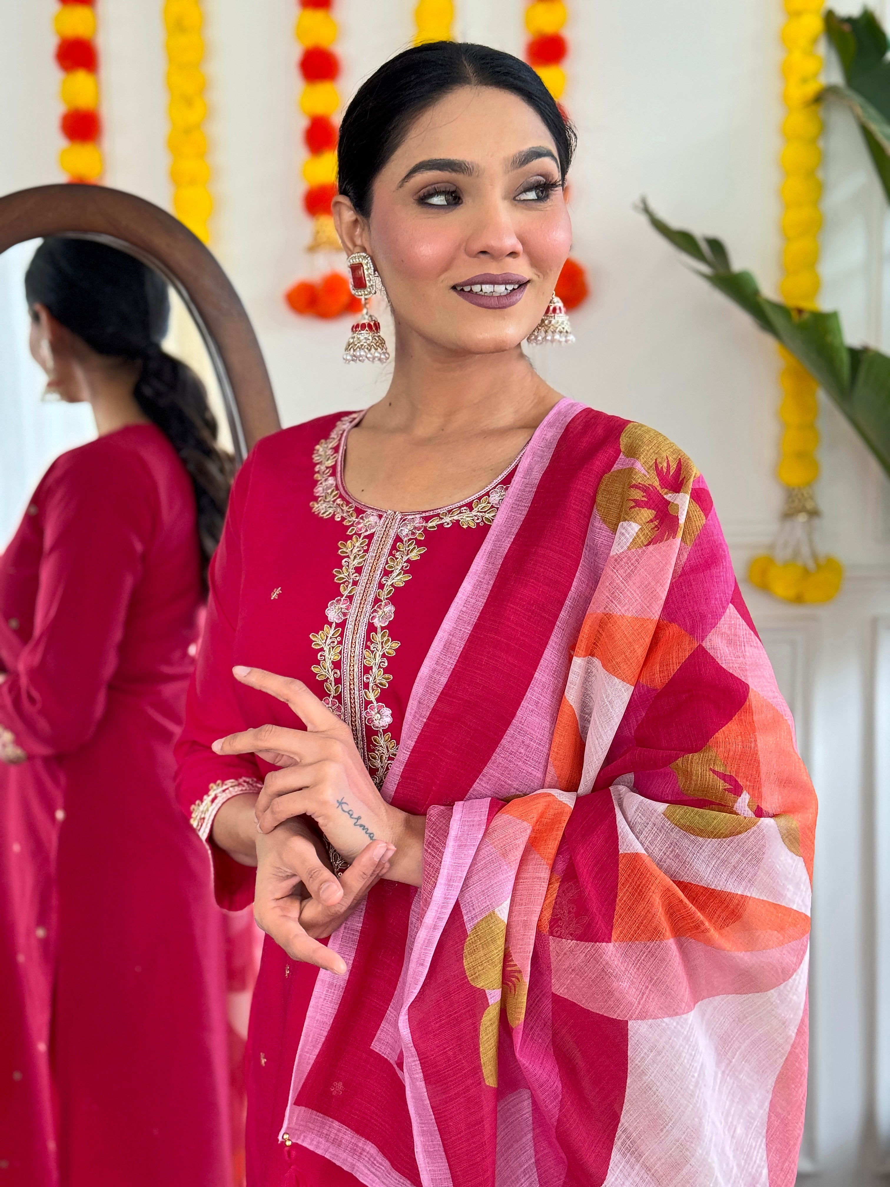 Women's  Viscose Chanderi Embroidered Straight Kurta with Viscose Chanderi Pant & PURE Linen Printed Dupatta Set