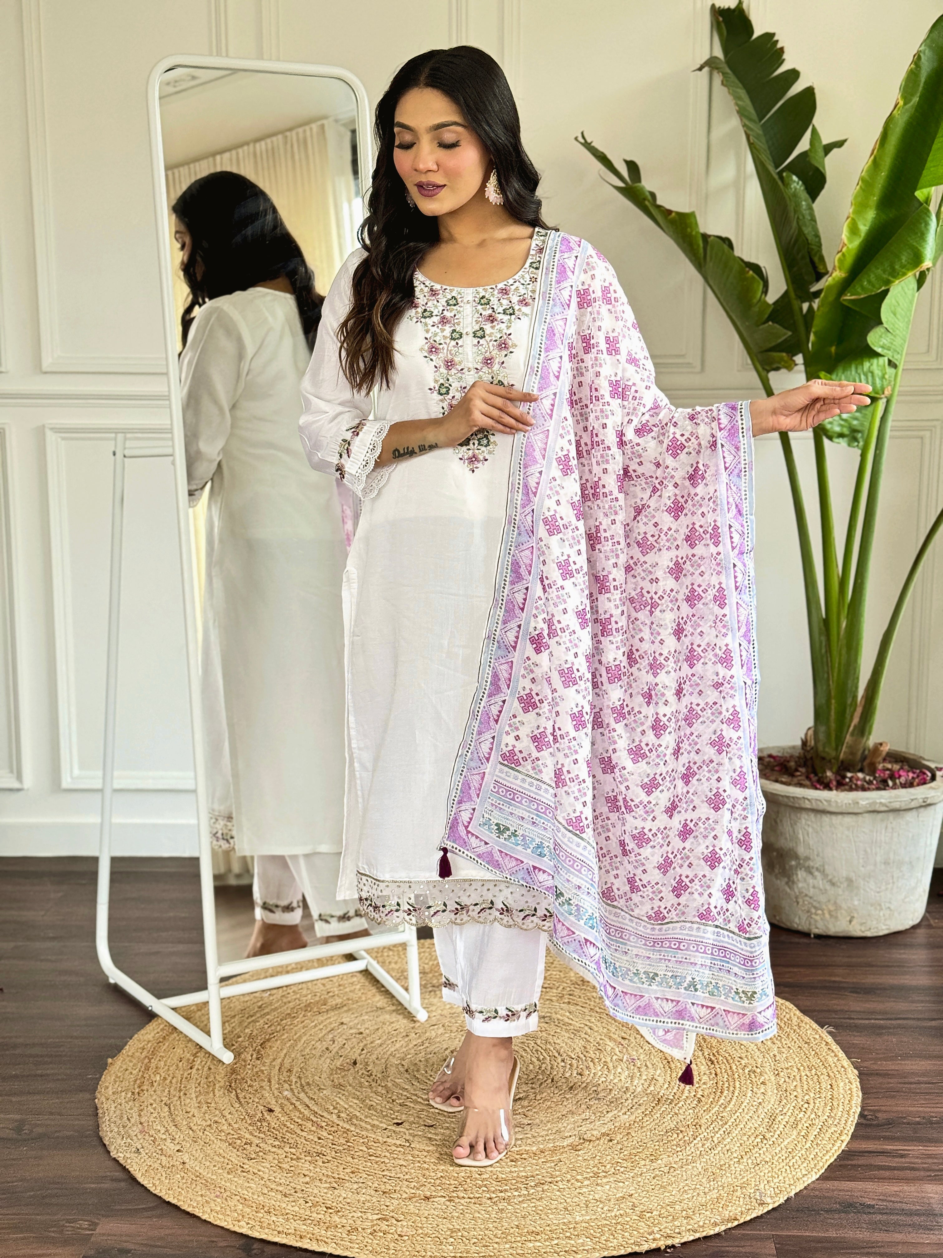 Women's Embroidered Straight Kurta with Viscose Chanderi Pant & Linen Printed Dupatta Set
