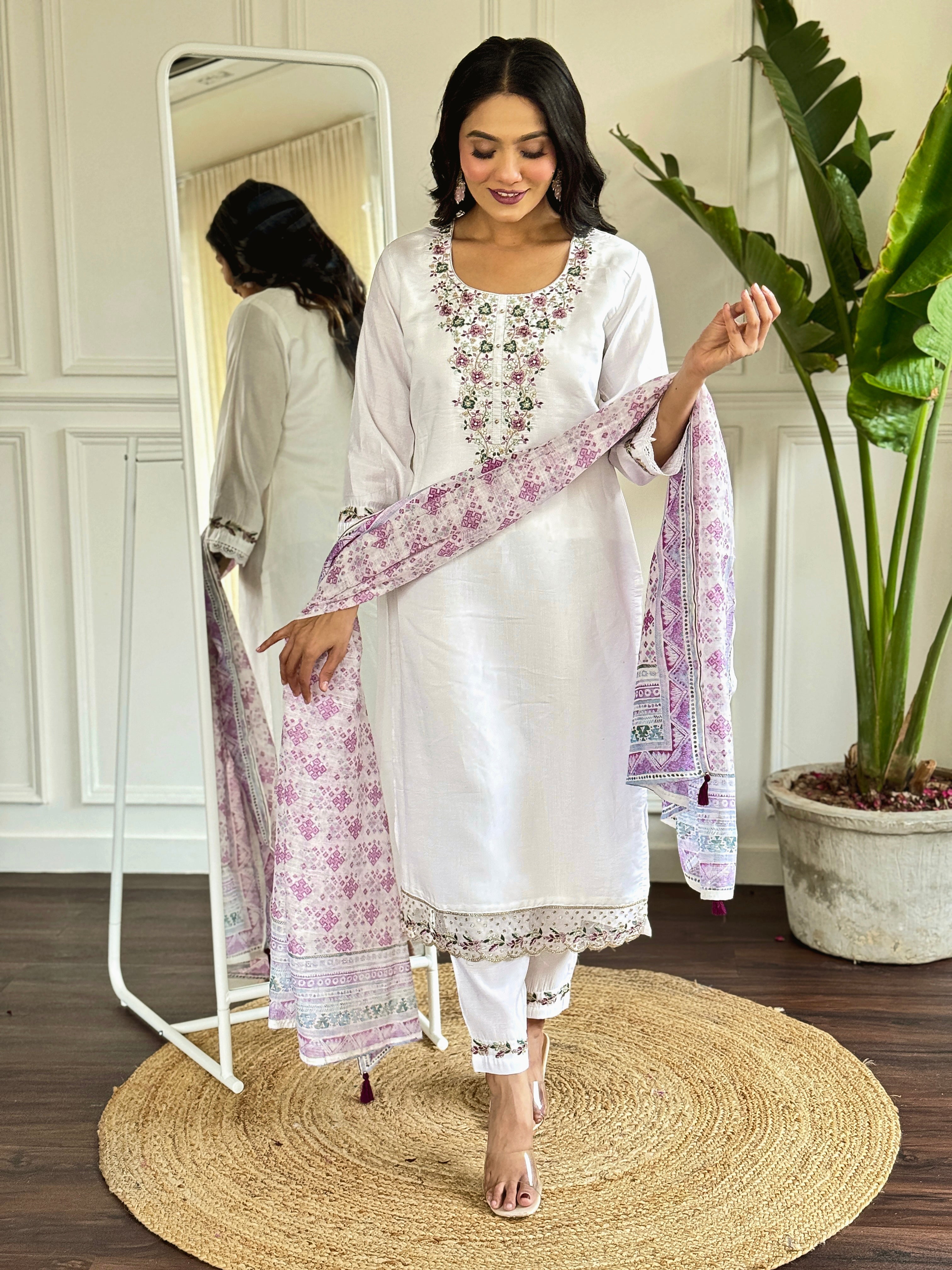 Women's Embroidered Straight Kurta with Viscose Chanderi Pant & Linen Printed Dupatta Set