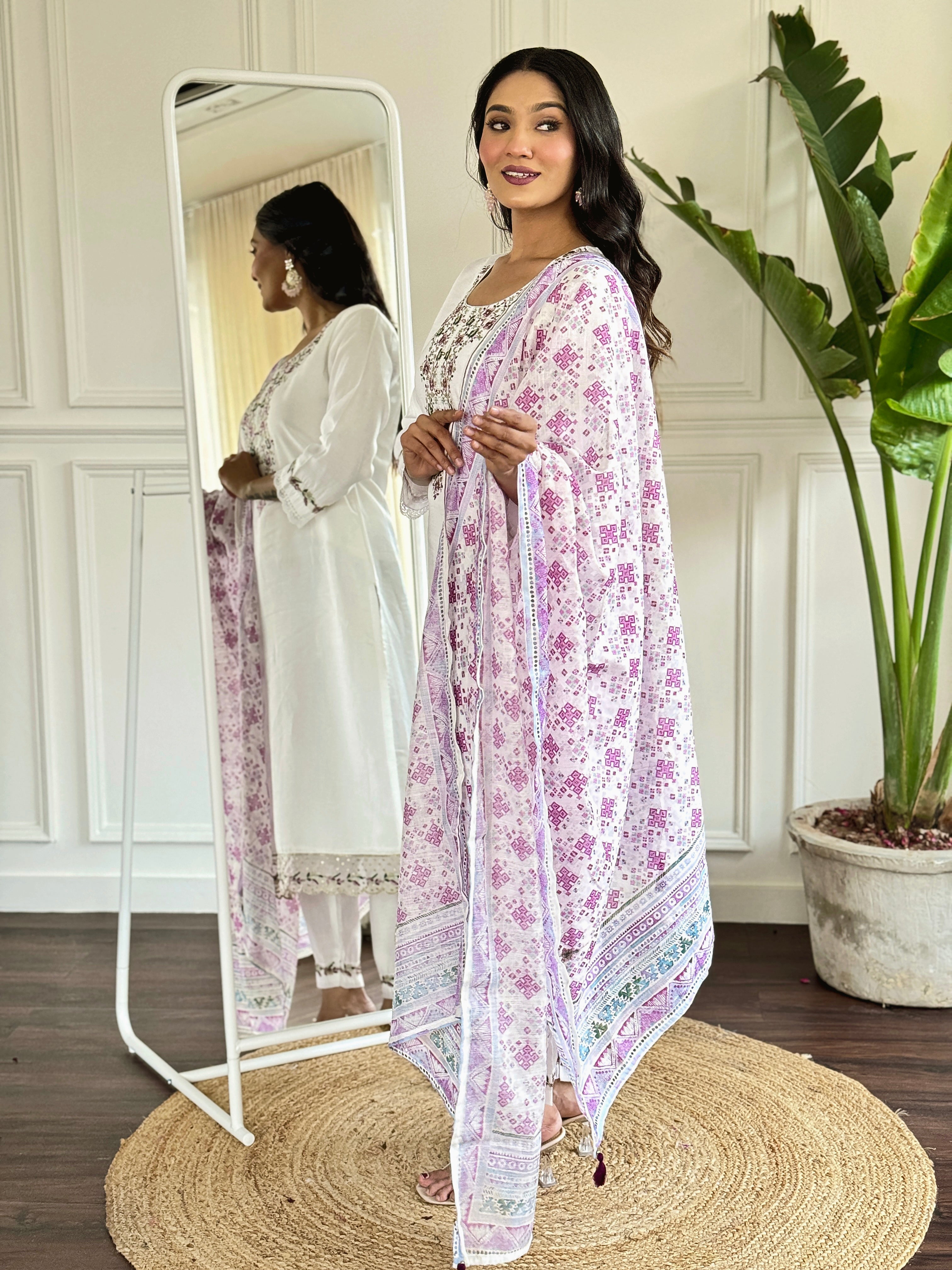 Women's Embroidered Straight Kurta with Viscose Chanderi Pant & Linen Printed Dupatta Set