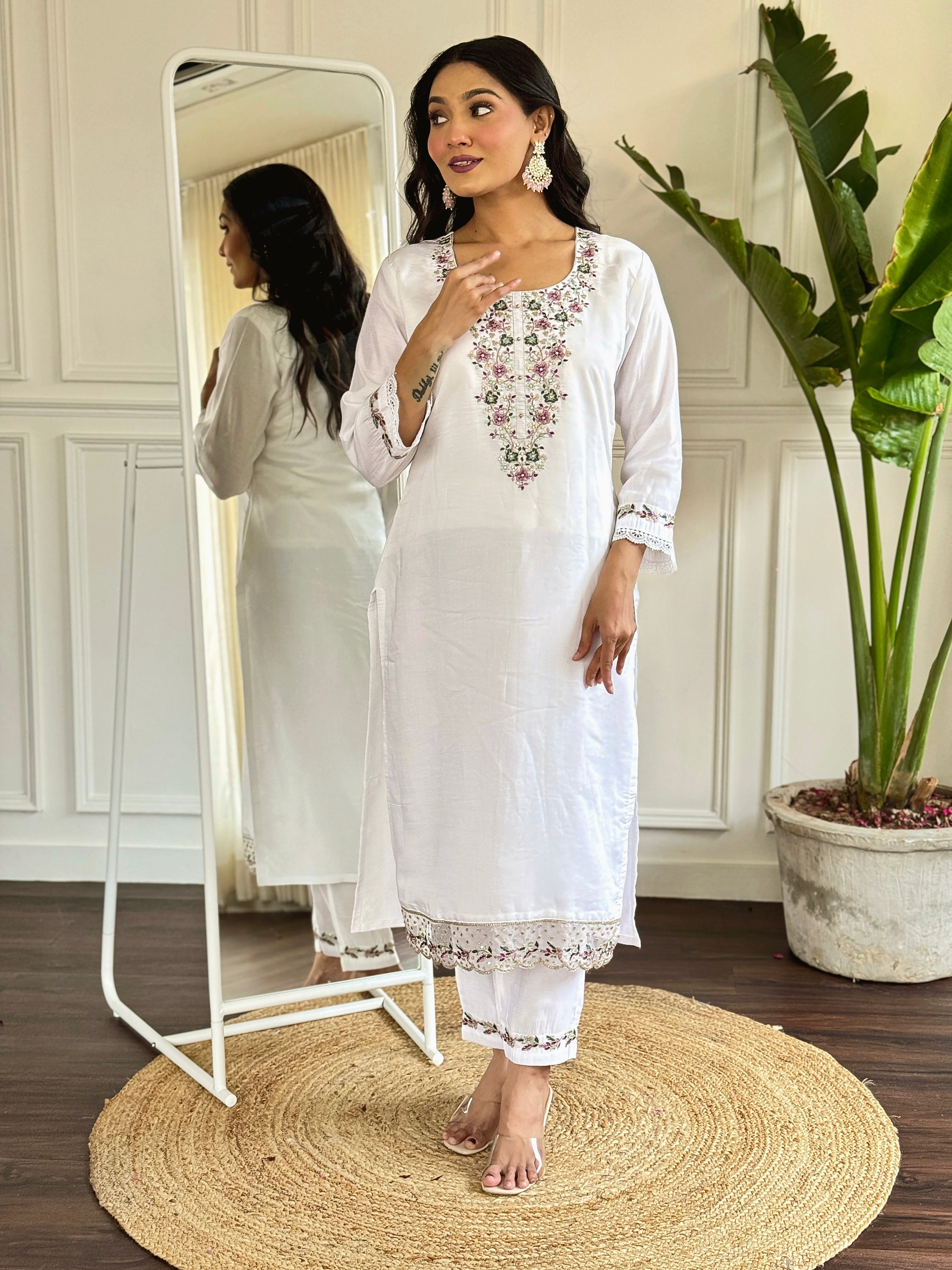 Women's Embroidered Straight Kurta with Viscose Chanderi Pant & Linen Printed Dupatta Set