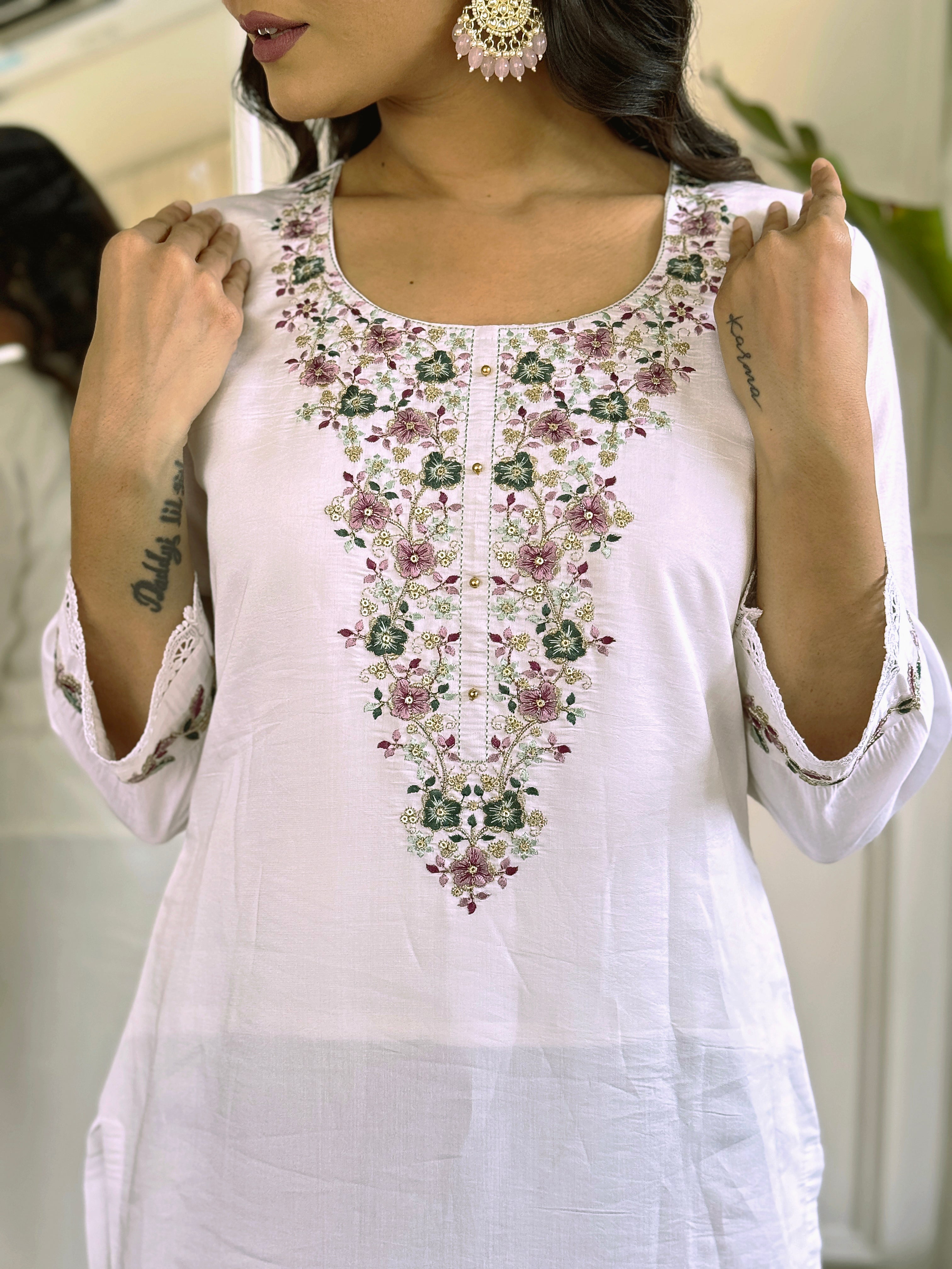 Women's Embroidered Straight Kurta with Viscose Chanderi Pant & Linen Printed Dupatta Set