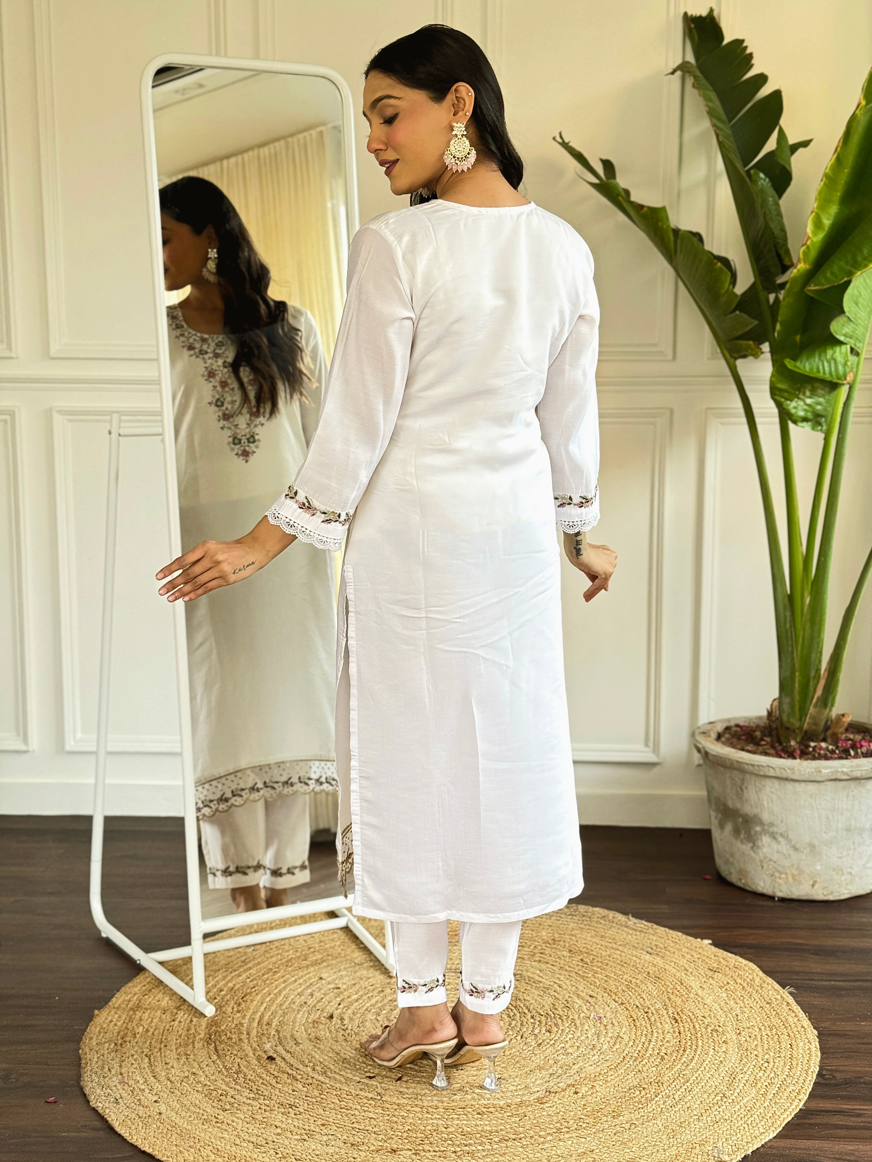 Women's Embroidered Straight Kurta with Viscose Chanderi Pant & Linen Printed Dupatta Set