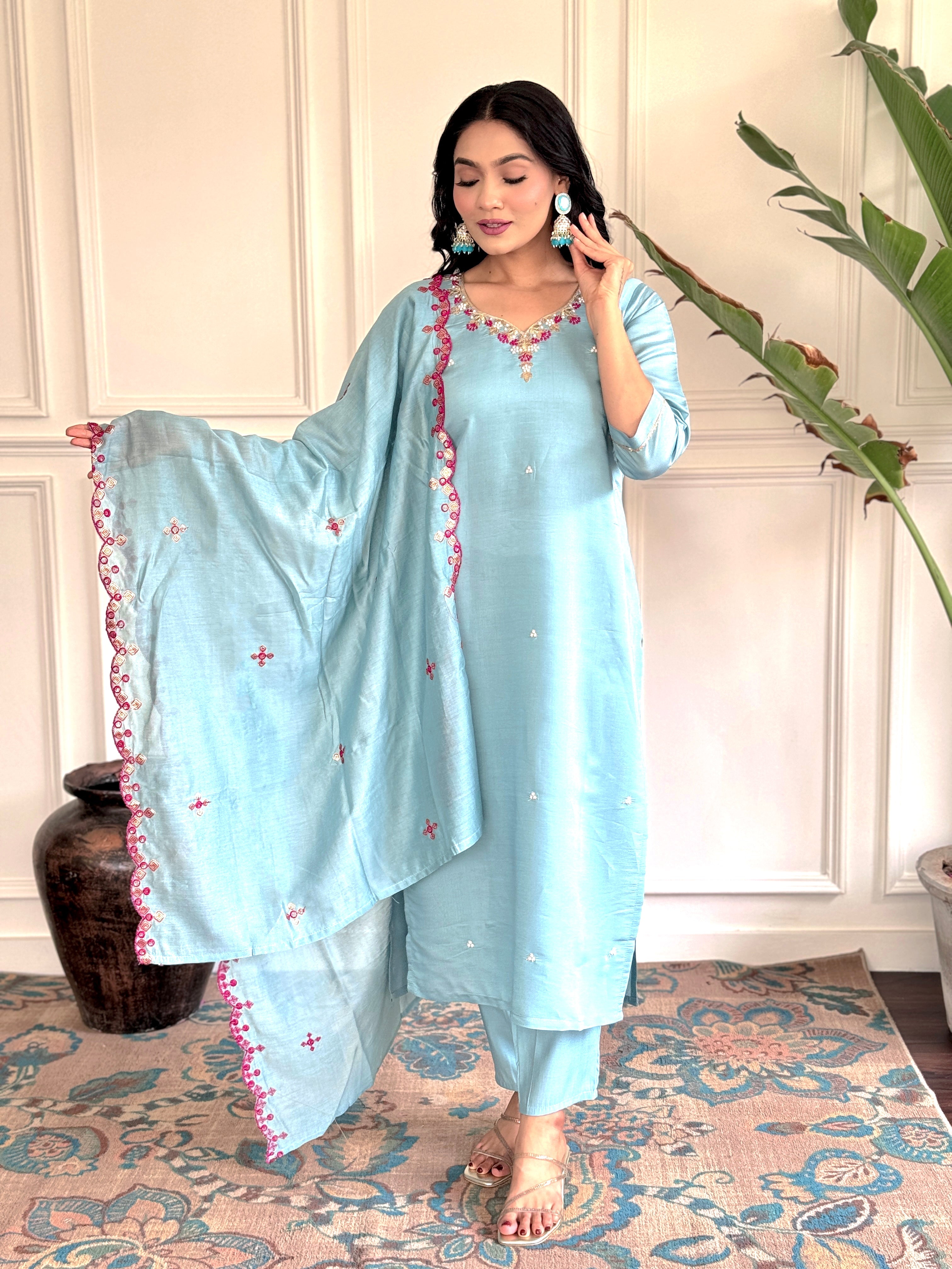 Women's Viscose Chanderi Embroidered Straight Kurta with Viscose Chanderi Pant & Viscose Chanderi Printed Dupatta Set