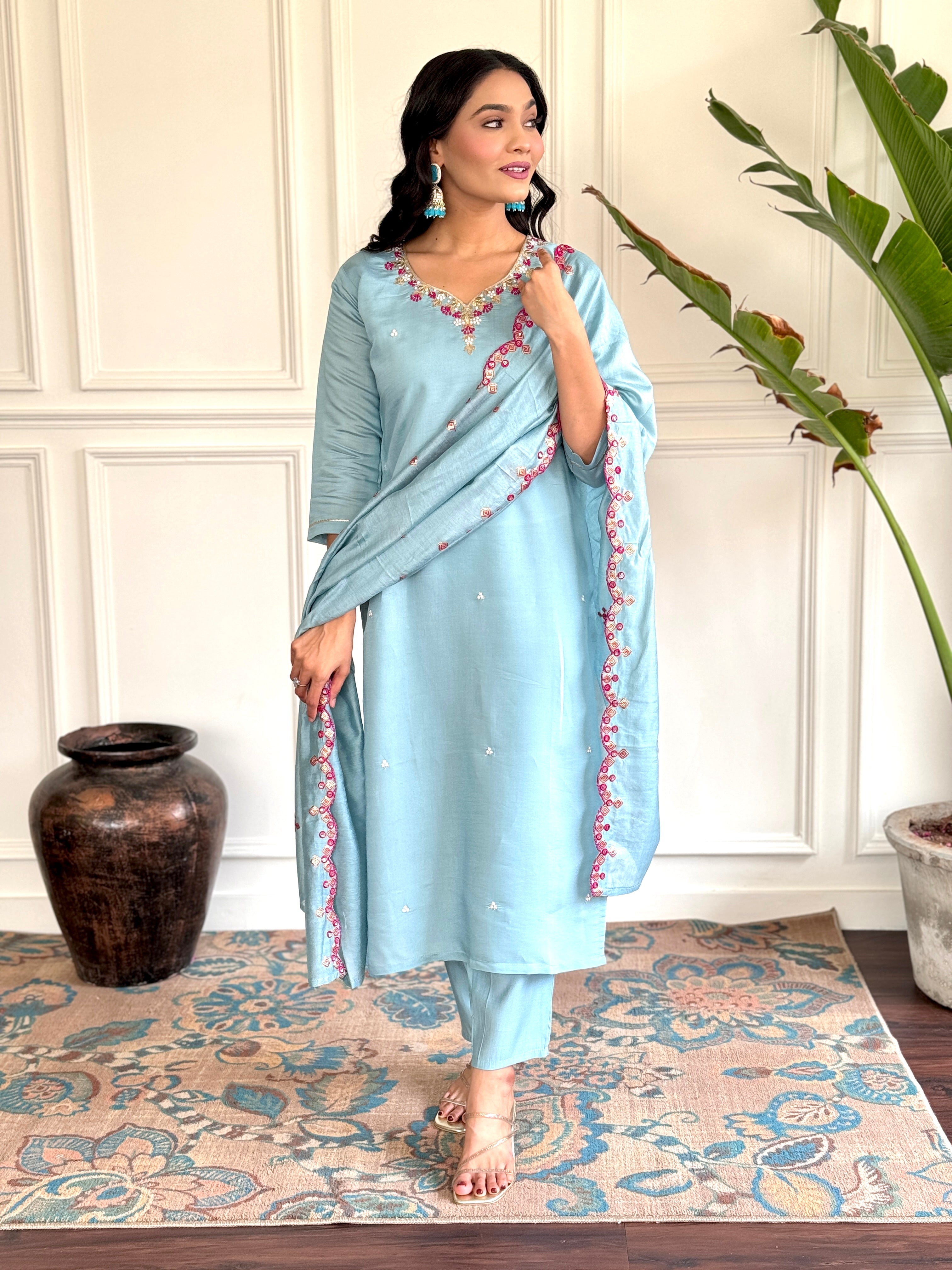 Women's Viscose Chanderi Embroidered Straight Kurta with Viscose Chanderi Pant & Viscose Chanderi Printed Dupatta Set