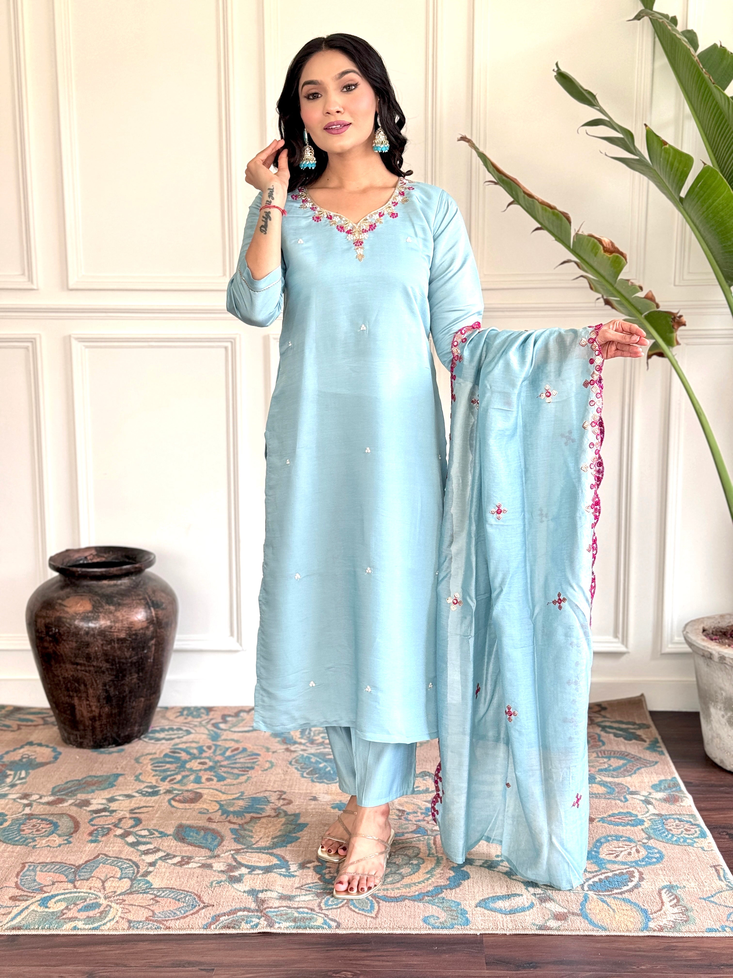 Women's Viscose Chanderi Embroidered Straight Kurta with Viscose Chanderi Pant & Viscose Chanderi Printed Dupatta Set