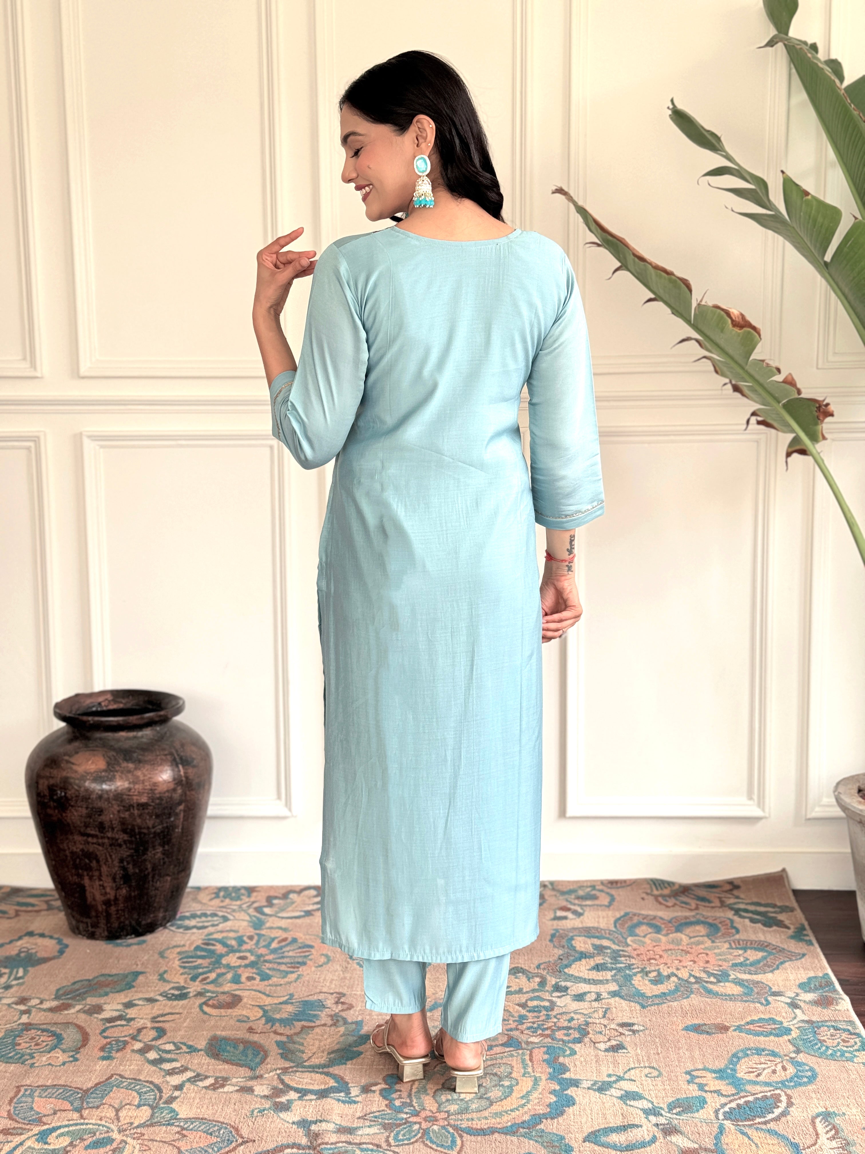 Women's Viscose Chanderi Embroidered Straight Kurta with Viscose Chanderi Pant & Viscose Chanderi Printed Dupatta Set