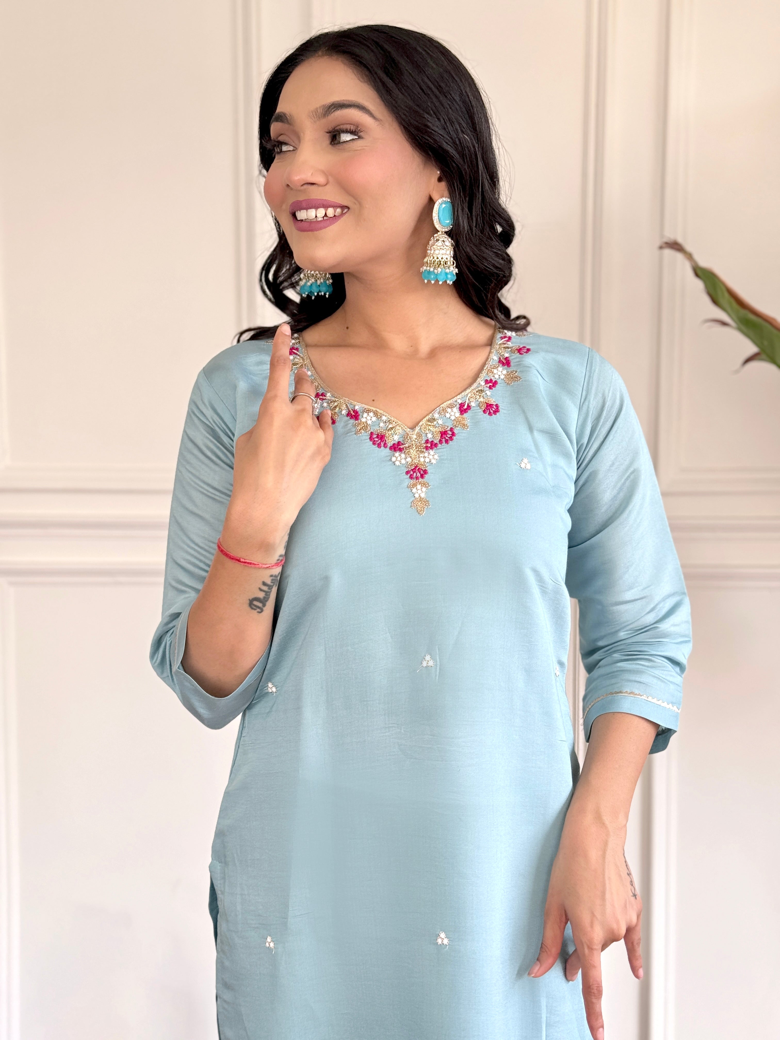 Women's Viscose Chanderi Embroidered Straight Kurta with Viscose Chanderi Pant & Viscose Chanderi Printed Dupatta Set