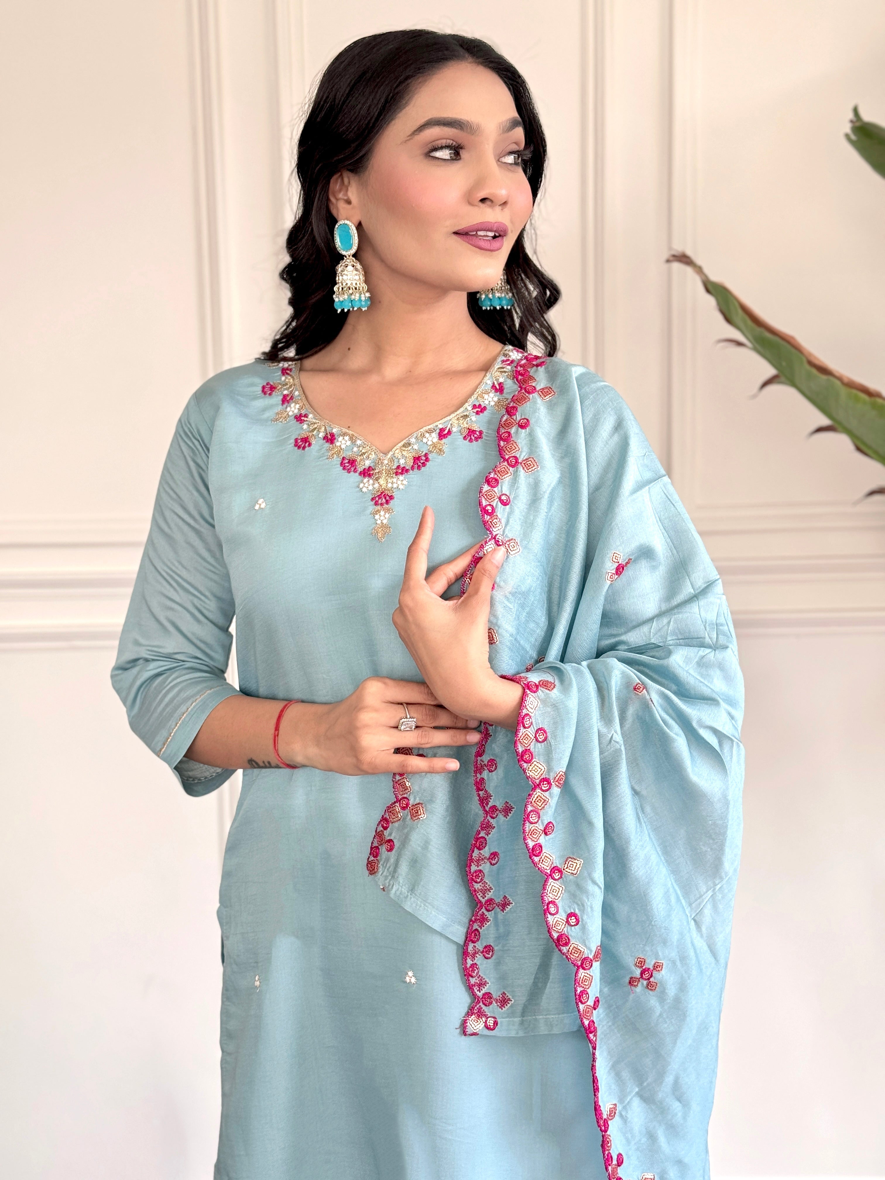 Women's Viscose Chanderi Embroidered Straight Kurta with Viscose Chanderi Pant & Viscose Chanderi Printed Dupatta Set