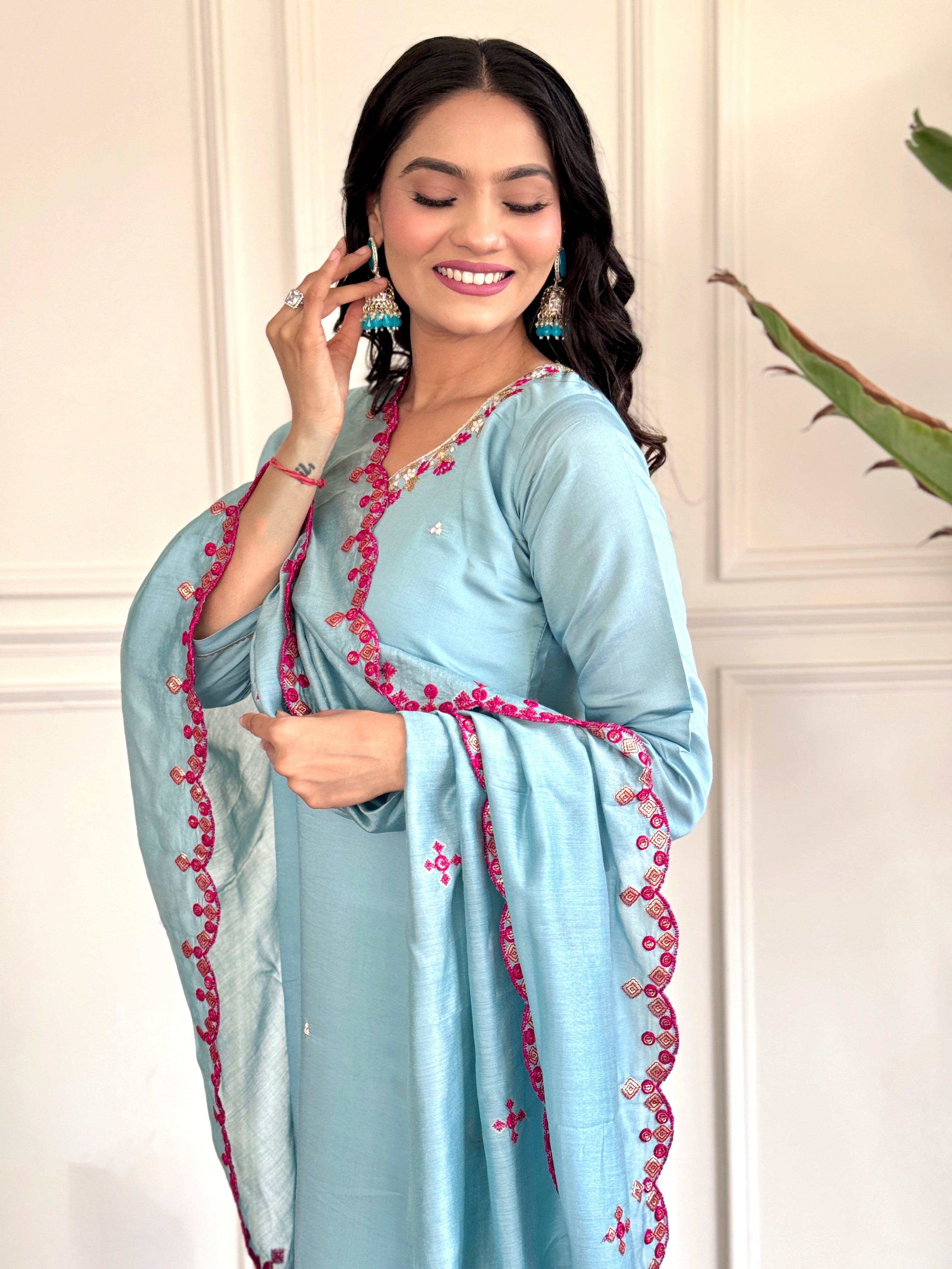 Women's Viscose Chanderi Embroidered Straight Kurta with Viscose Chanderi Pant & Viscose Chanderi Printed Dupatta Set