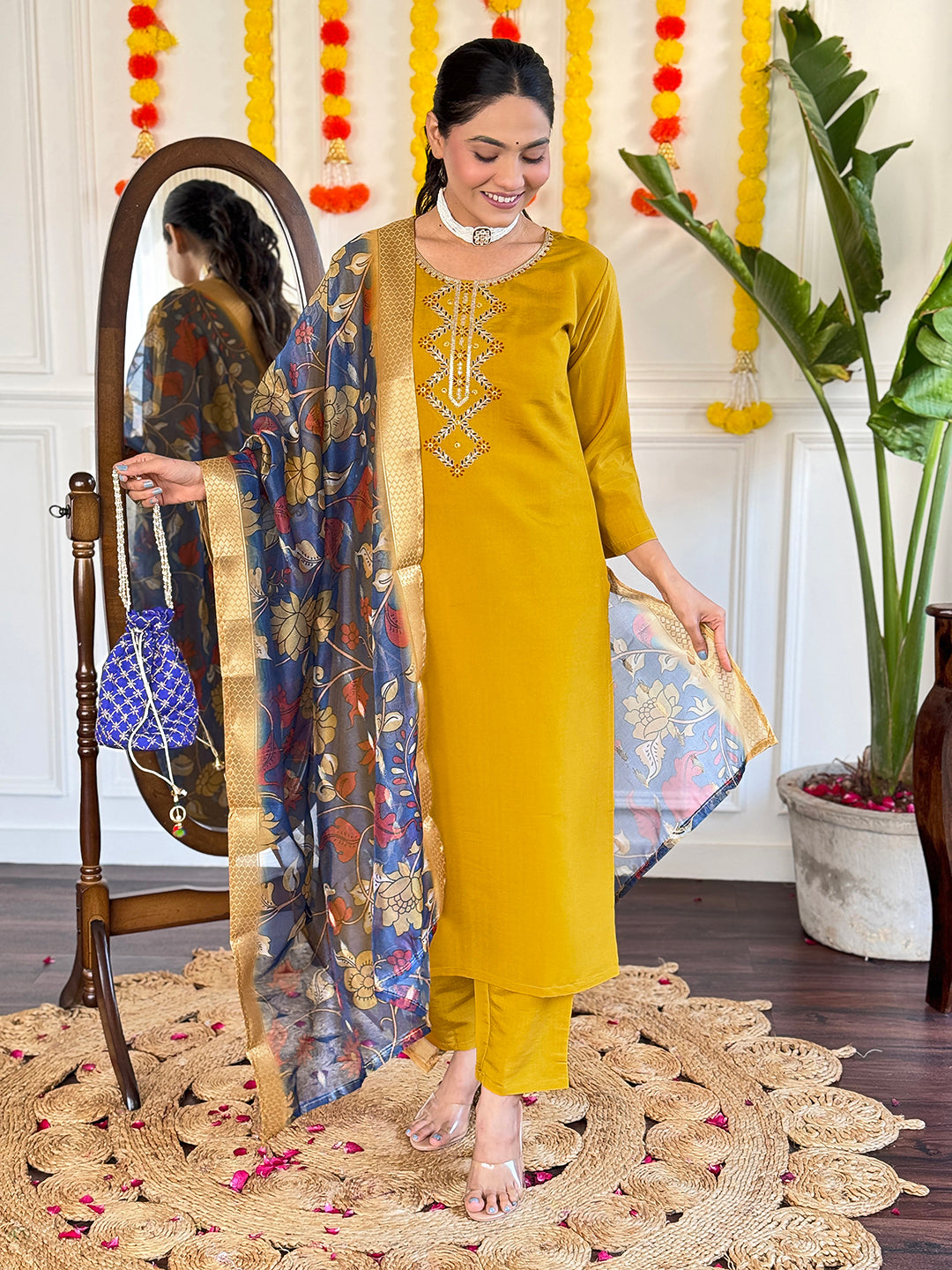 Viscose Chanderi Embroidered White Kurta with Pant and Print Dupatta