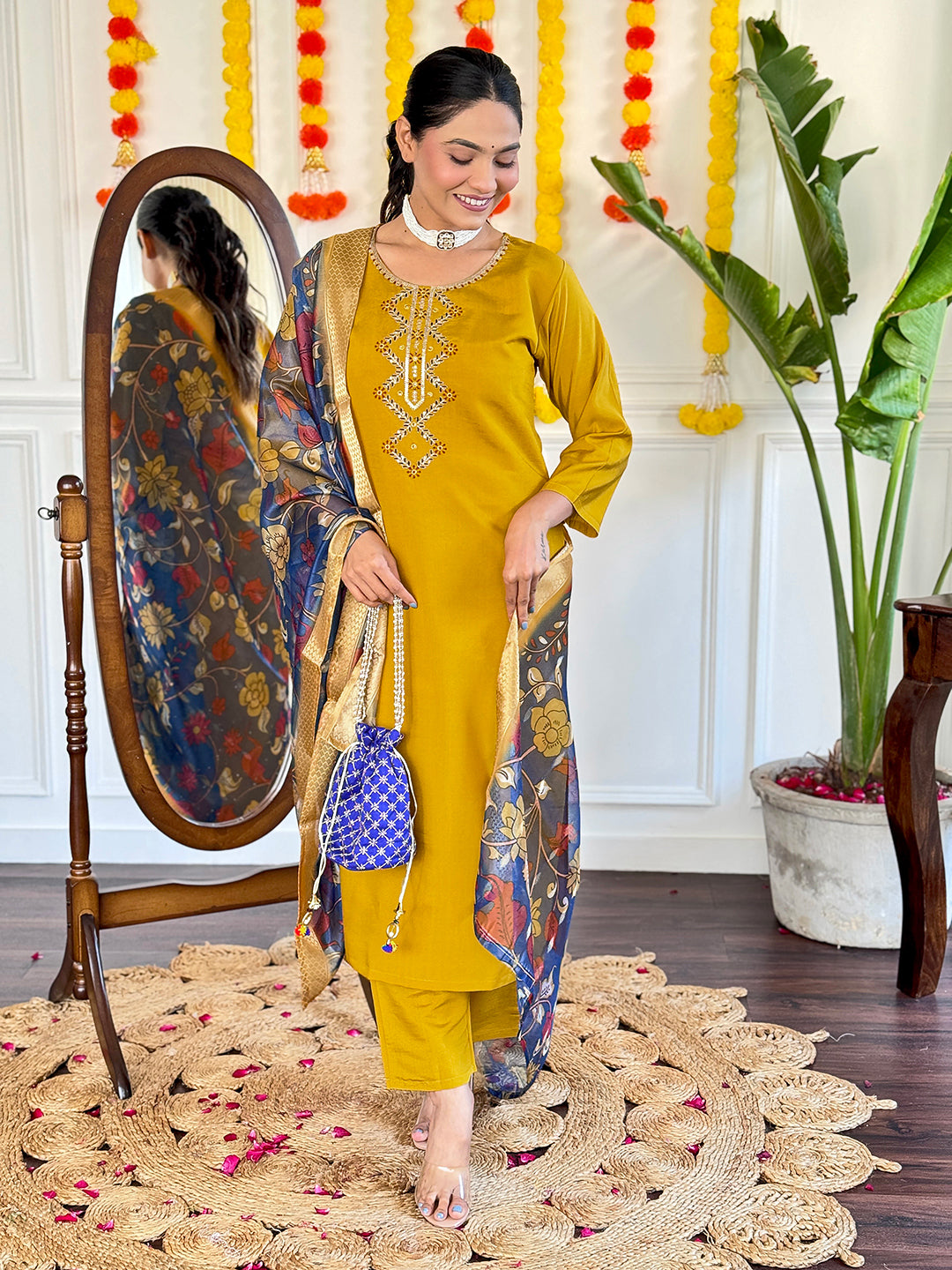Viscose Chanderi Embroidered White Kurta with Pant and Print Dupatta