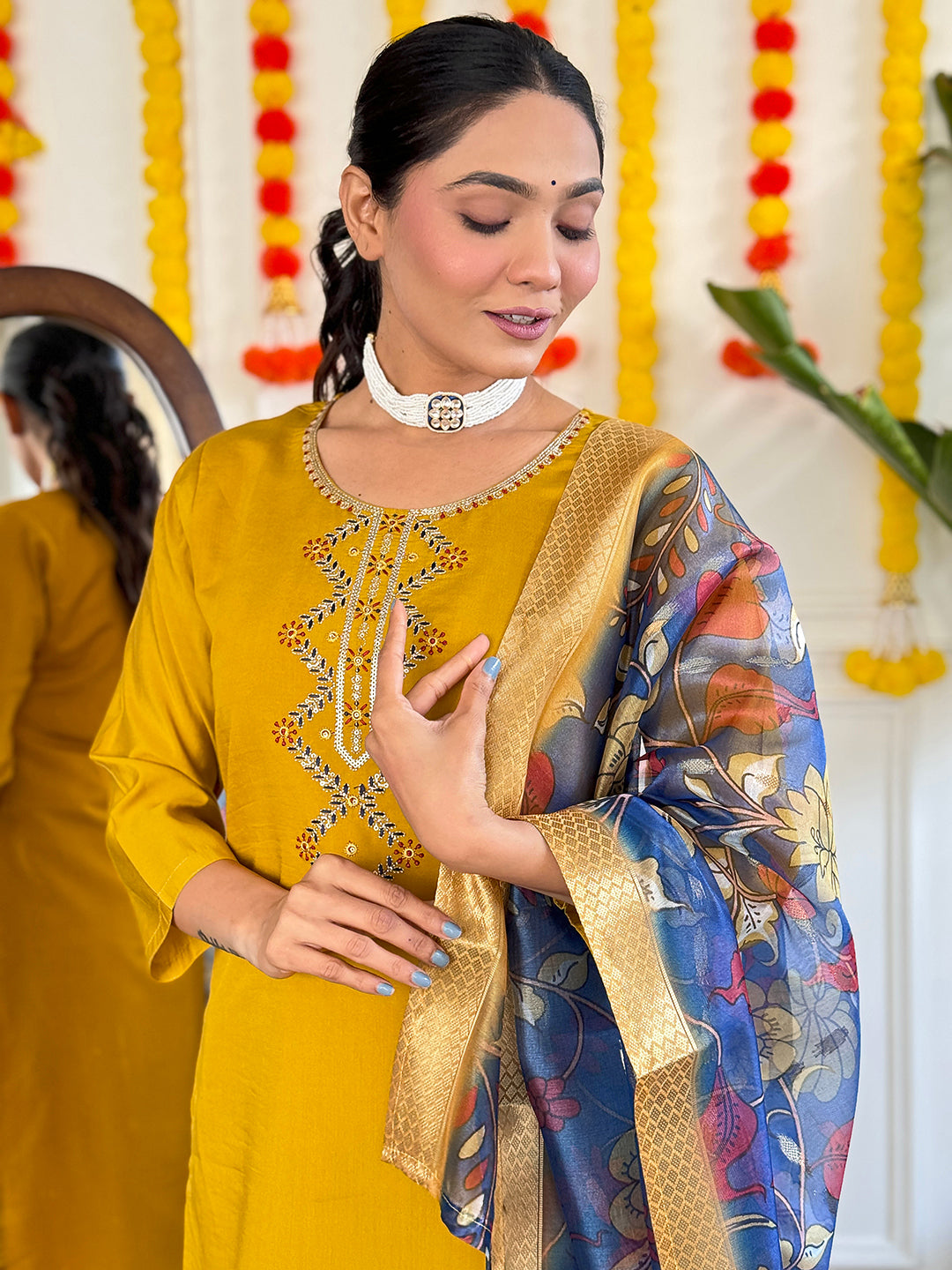 Viscose Chanderi Embroidered White Kurta with Pant and Print Dupatta