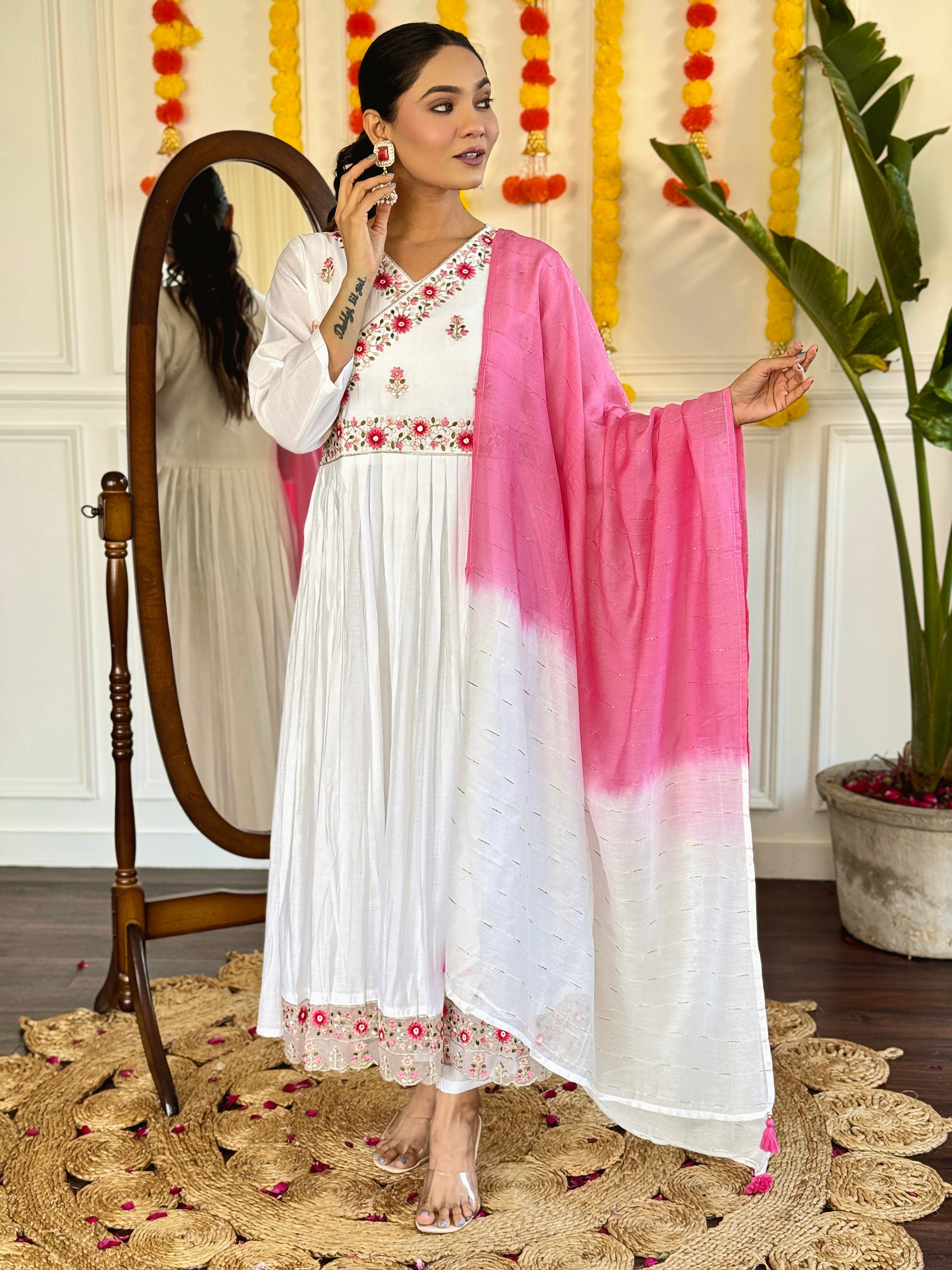 Women's Viscose Chanderi Embroidered Straight Kurta with Viscose Chanderi Pant & Jacquard Printed Dupatta Set