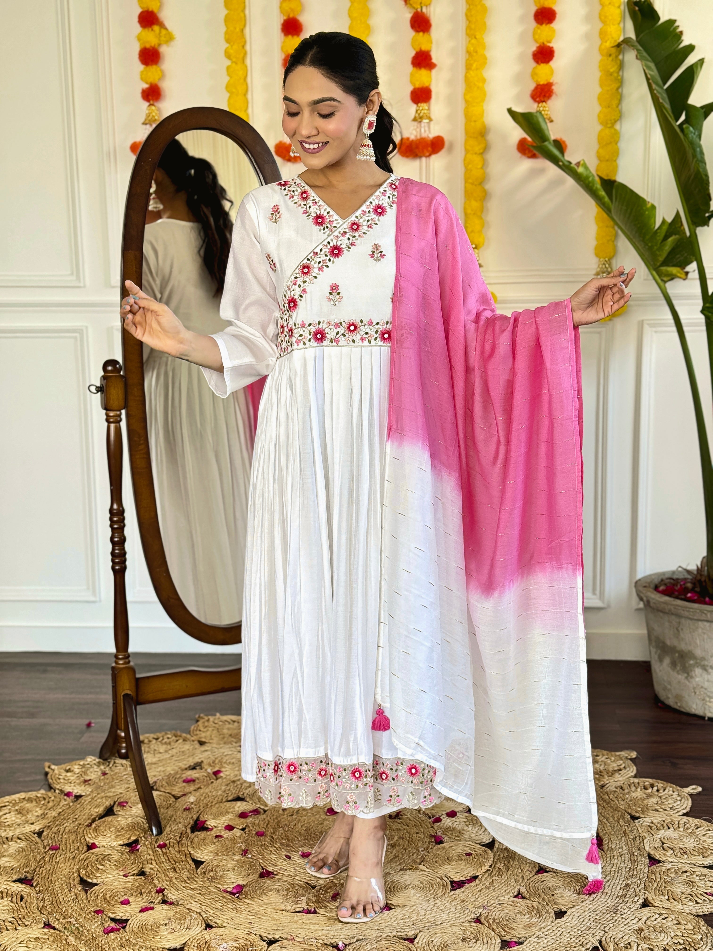 Women's Viscose Chanderi Embroidered Straight Kurta with Viscose Chanderi Pant & Jacquard Printed Dupatta Set