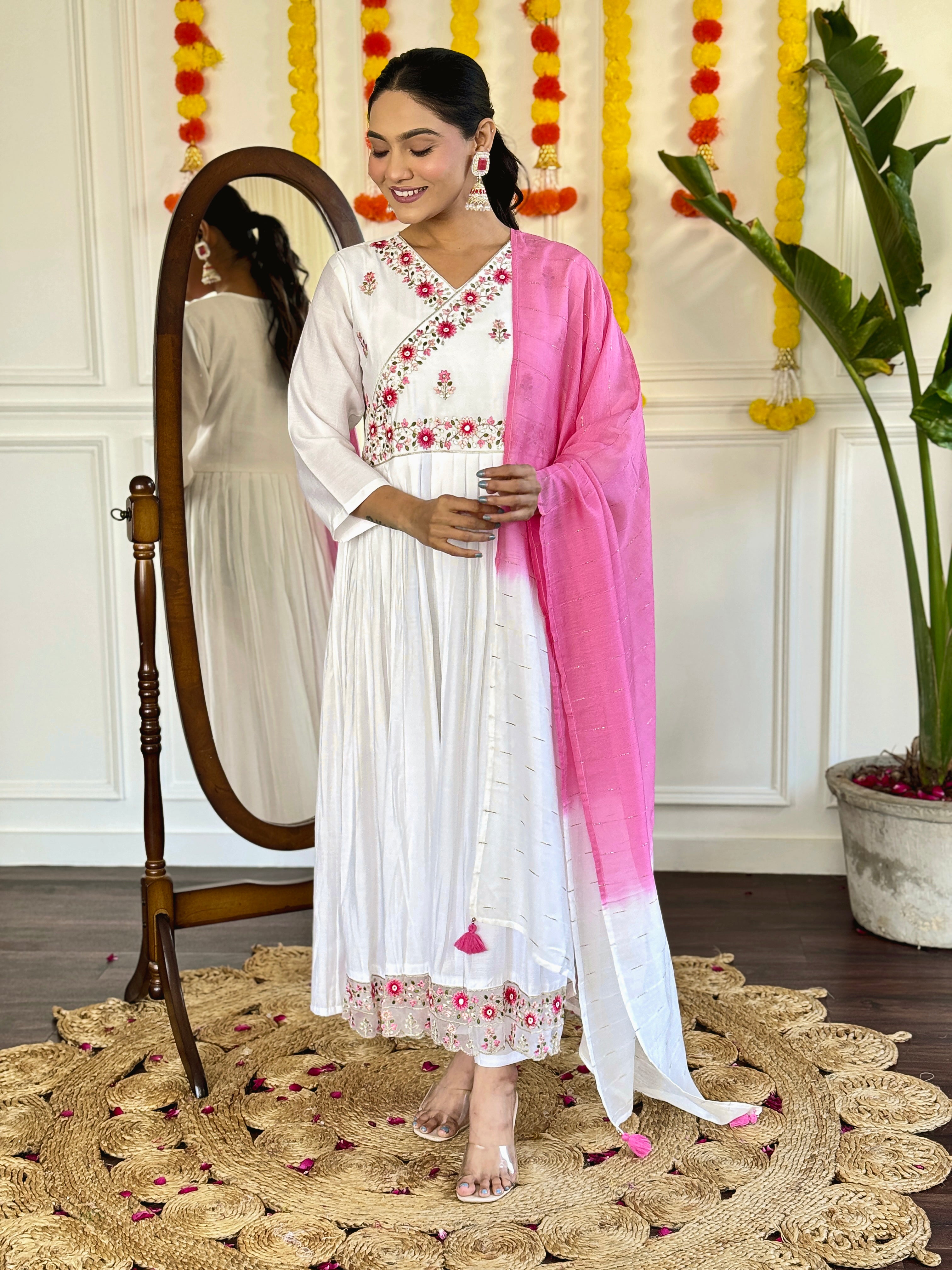Women's Viscose Chanderi Embroidered Straight Kurta with Viscose Chanderi Pant & Jacquard Printed Dupatta Set