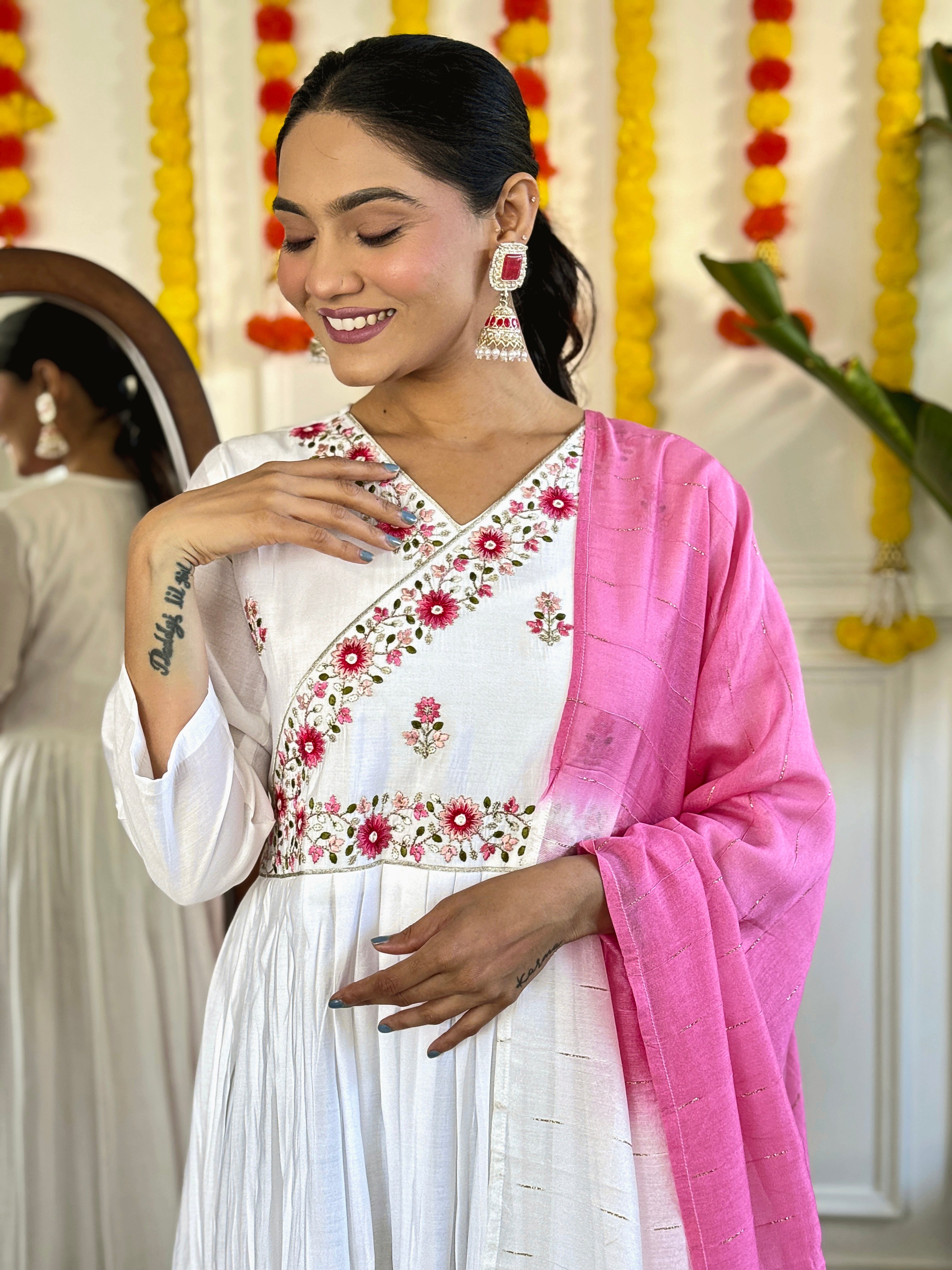 Women's Viscose Chanderi Embroidered Straight Kurta with Viscose Chanderi Pant & Jacquard Printed Dupatta Set
