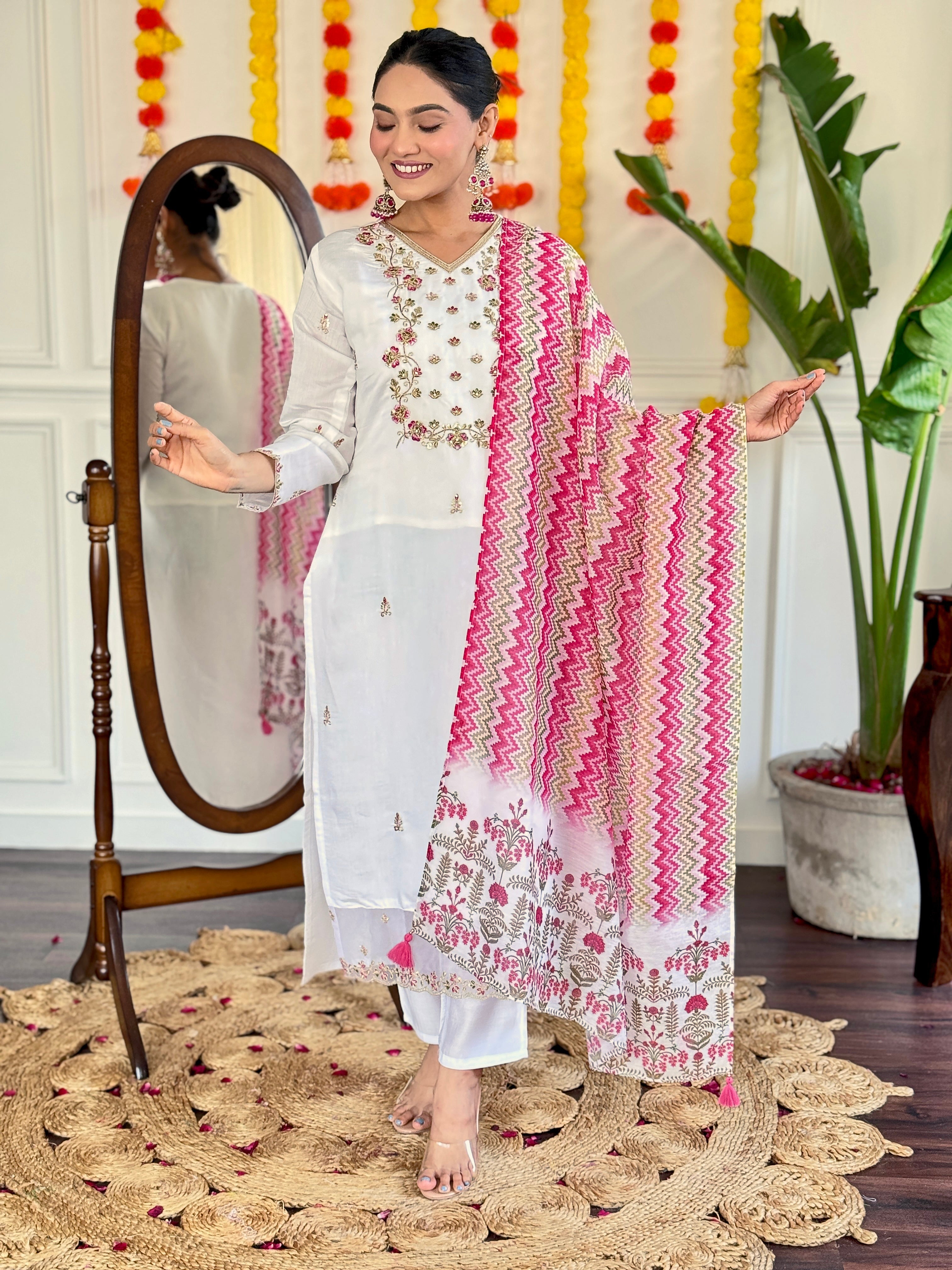Women's White Viscose Chanderi Embroidered Straight Kurta with Viscose Chanderi Pant & Chanderi Printed Dupatta Set
