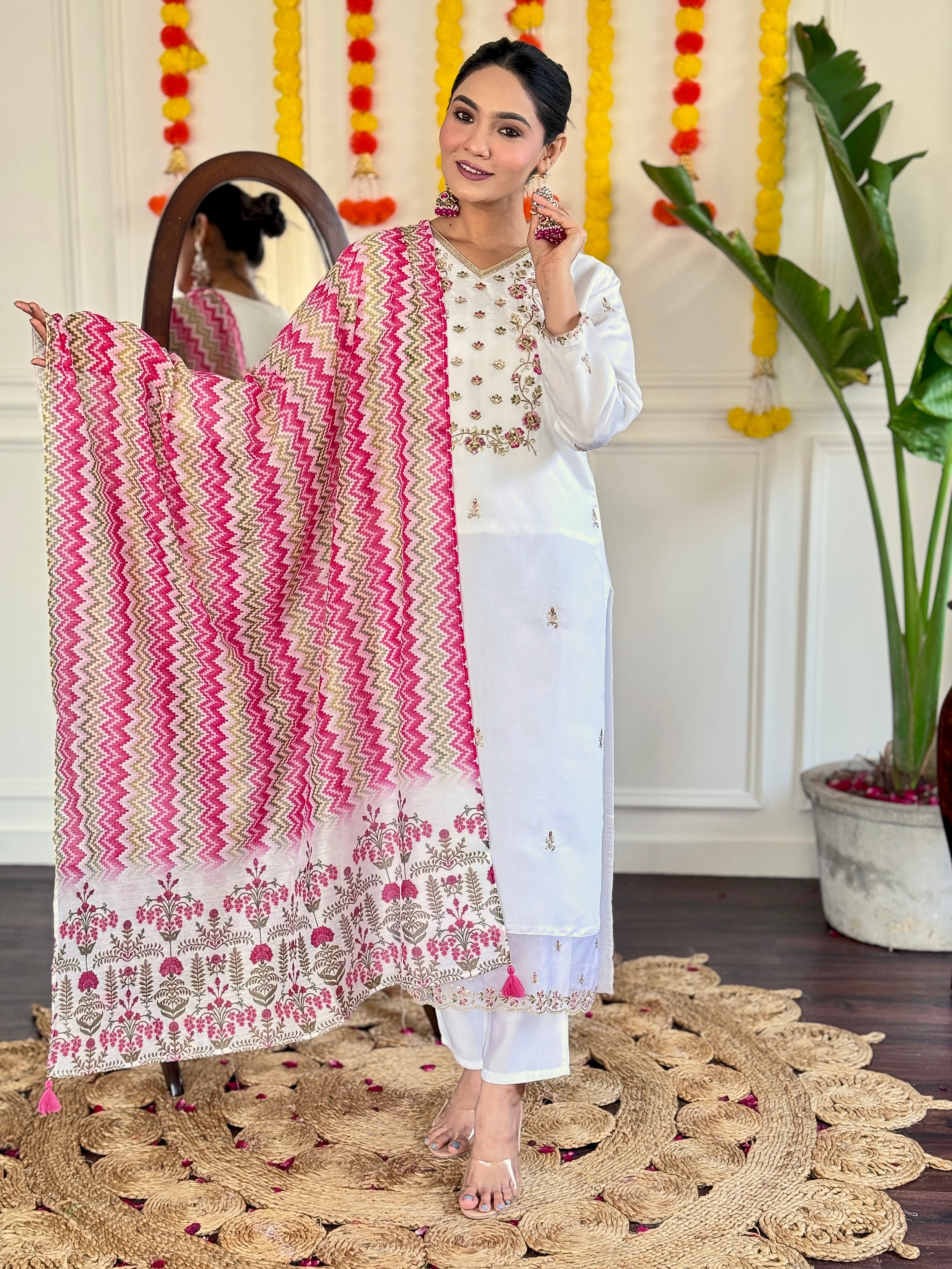 Women's White Viscose Chanderi Embroidered Straight Kurta with Viscose Chanderi Pant & Chanderi Printed Dupatta Set
