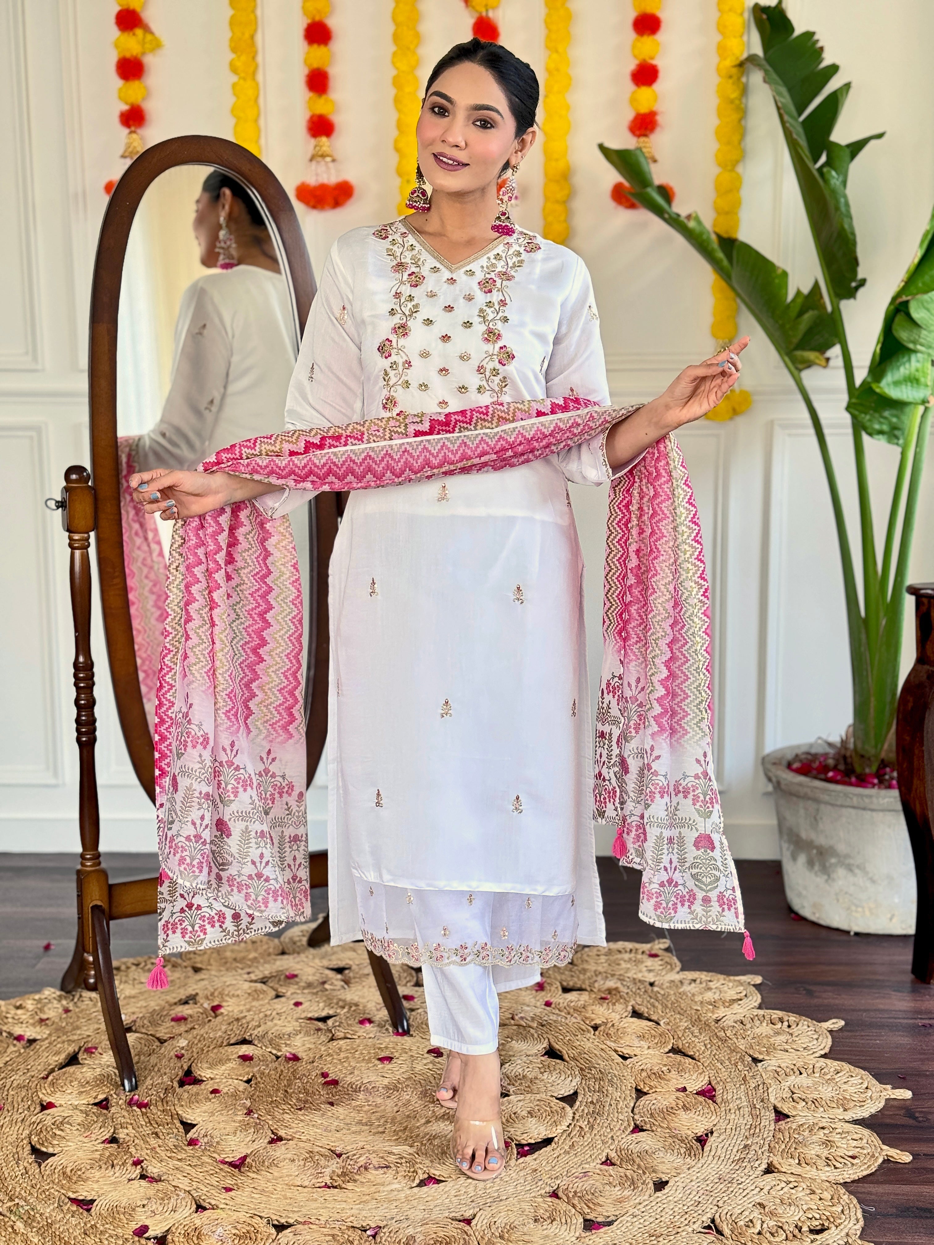 Women's White Viscose Chanderi Embroidered Straight Kurta with Viscose Chanderi Pant & Chanderi Printed Dupatta Set