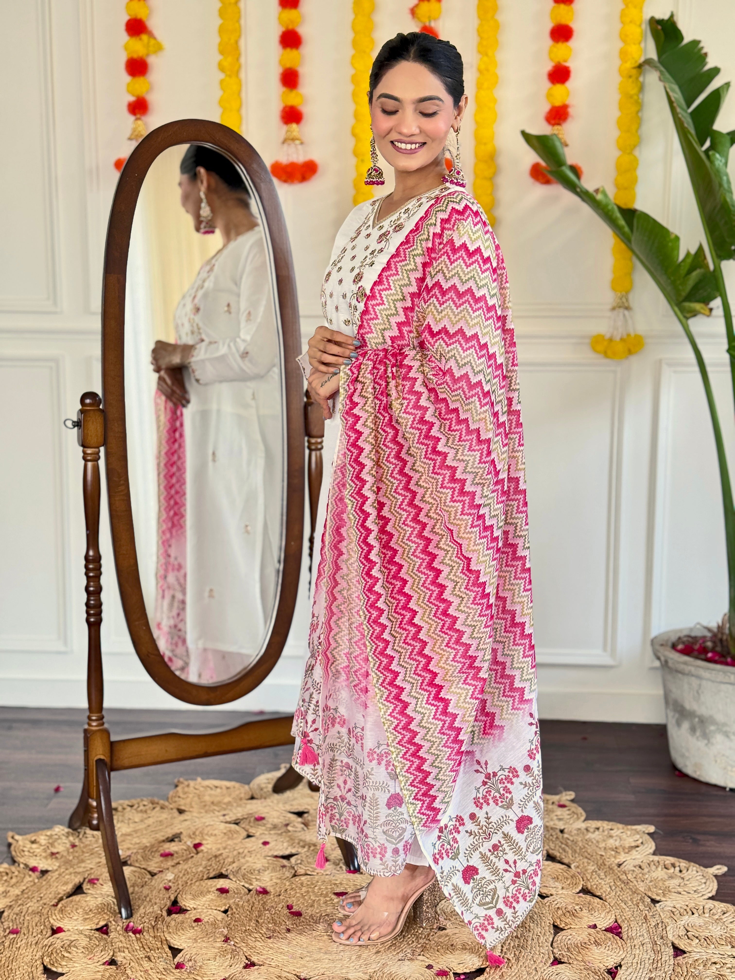 Women's White Viscose Chanderi Embroidered Straight Kurta with Viscose Chanderi Pant & Chanderi Printed Dupatta Set