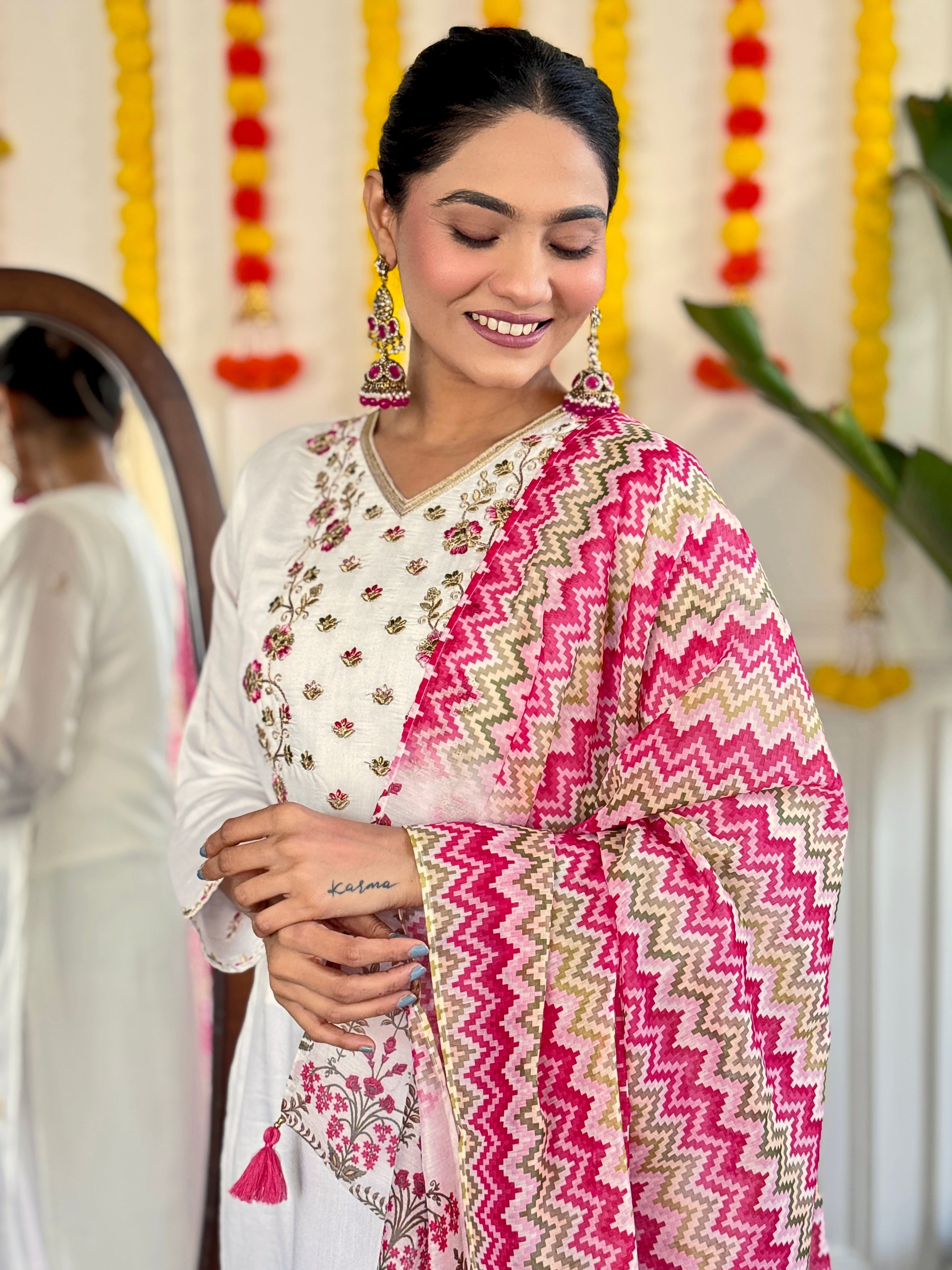 Women's White Viscose Chanderi Embroidered Straight Kurta with Viscose Chanderi Pant & Chanderi Printed Dupatta Set