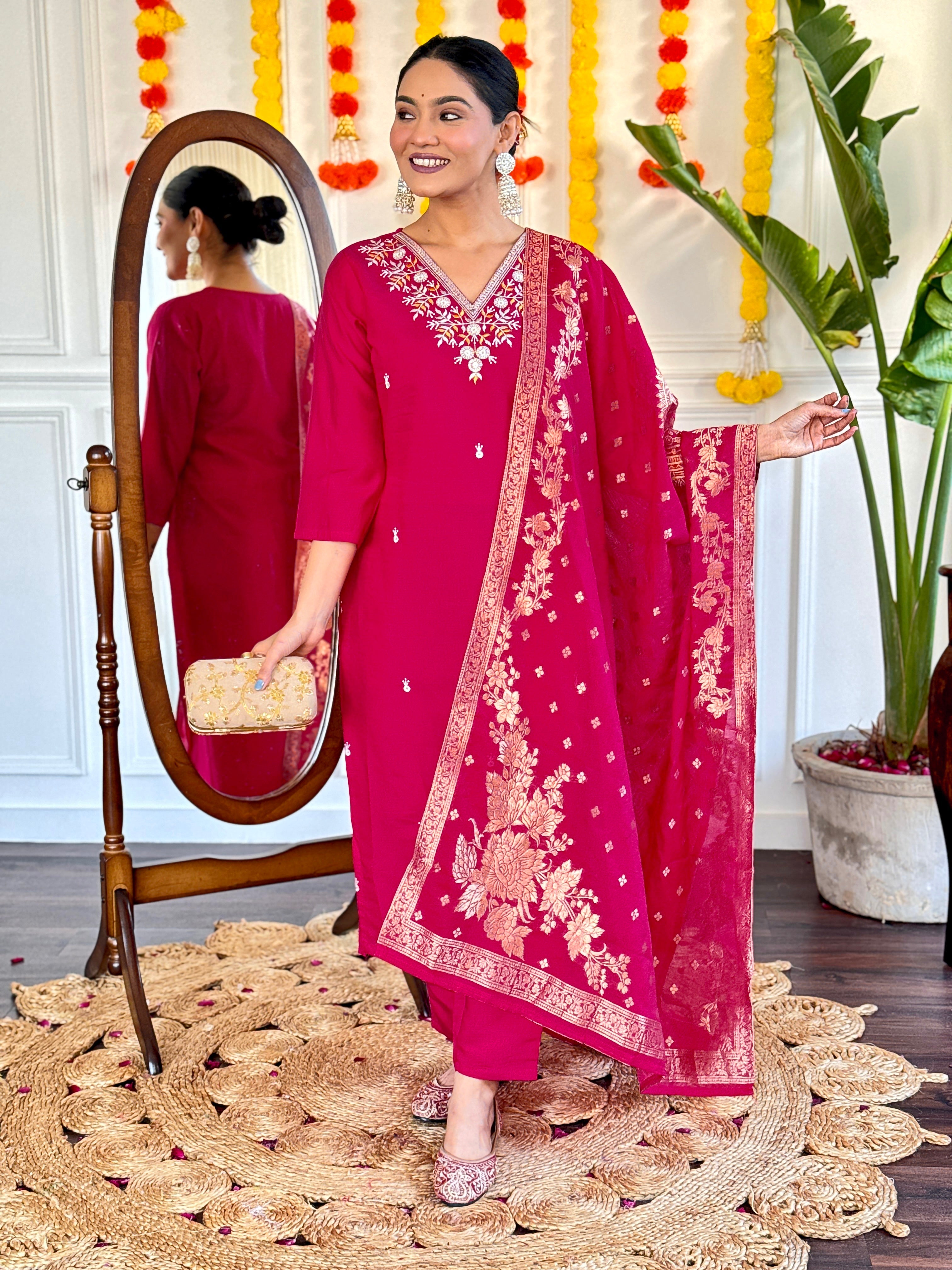 Women's Viscose Chanderi Embroidered Straight Kurta with Viscose Chanderi Pant & Nylon Jacquard Printed Dupatta Set