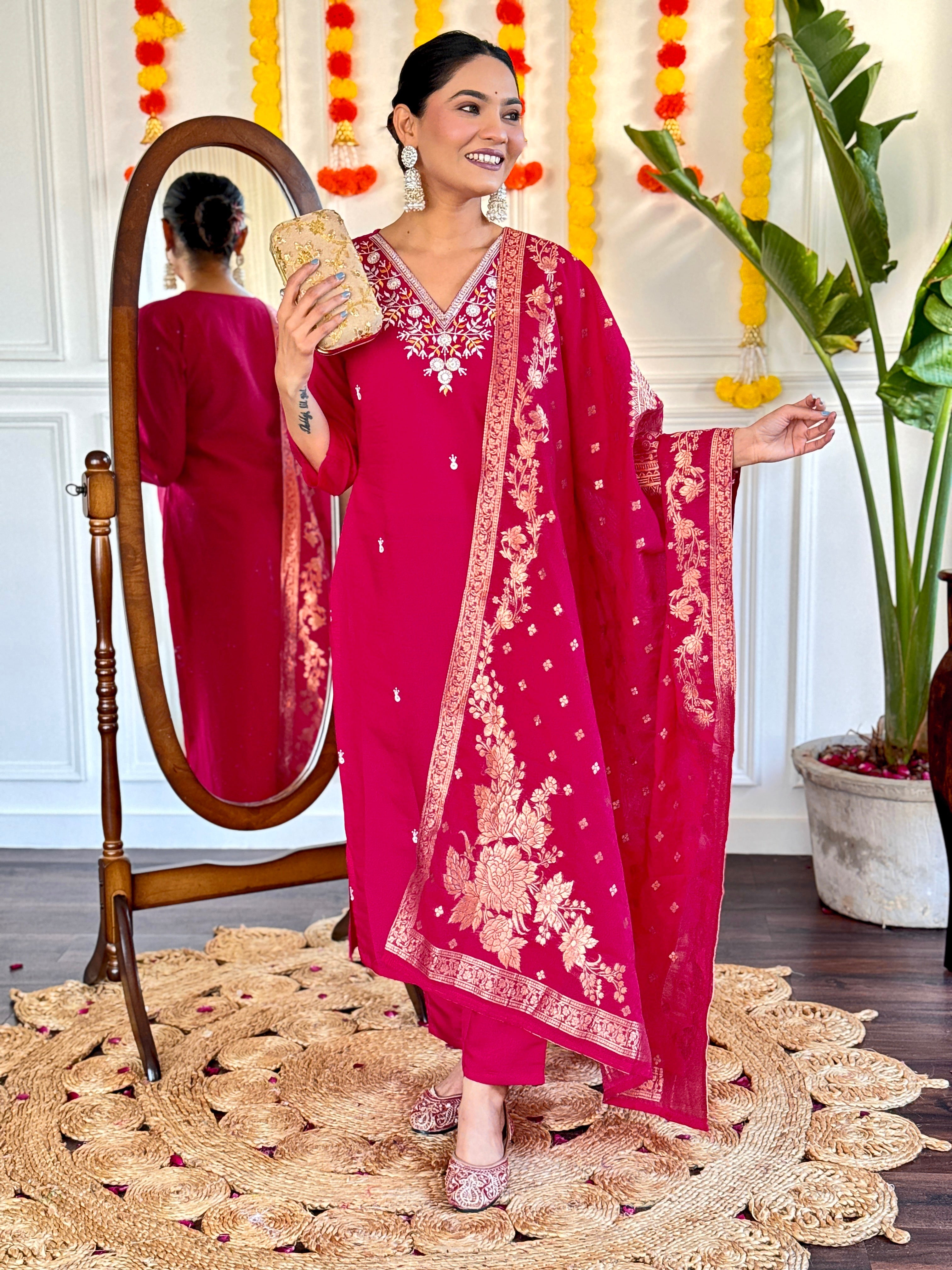 Women's Viscose Chanderi Embroidered Straight Kurta with Viscose Chanderi Pant & Nylon Jacquard Printed Dupatta Set