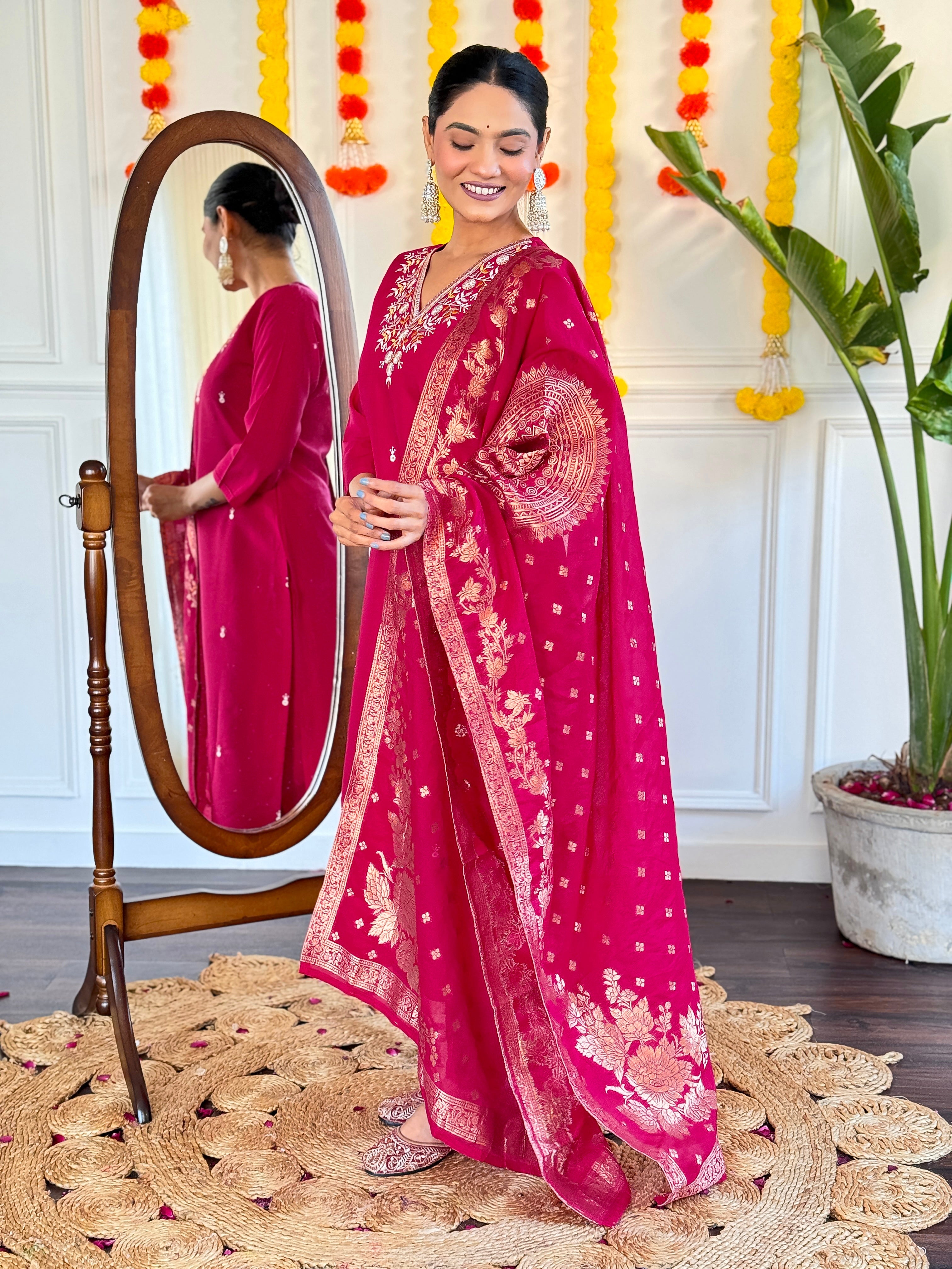 Women's Viscose Chanderi Embroidered Straight Kurta with Viscose Chanderi Pant & Nylon Jacquard Printed Dupatta Set