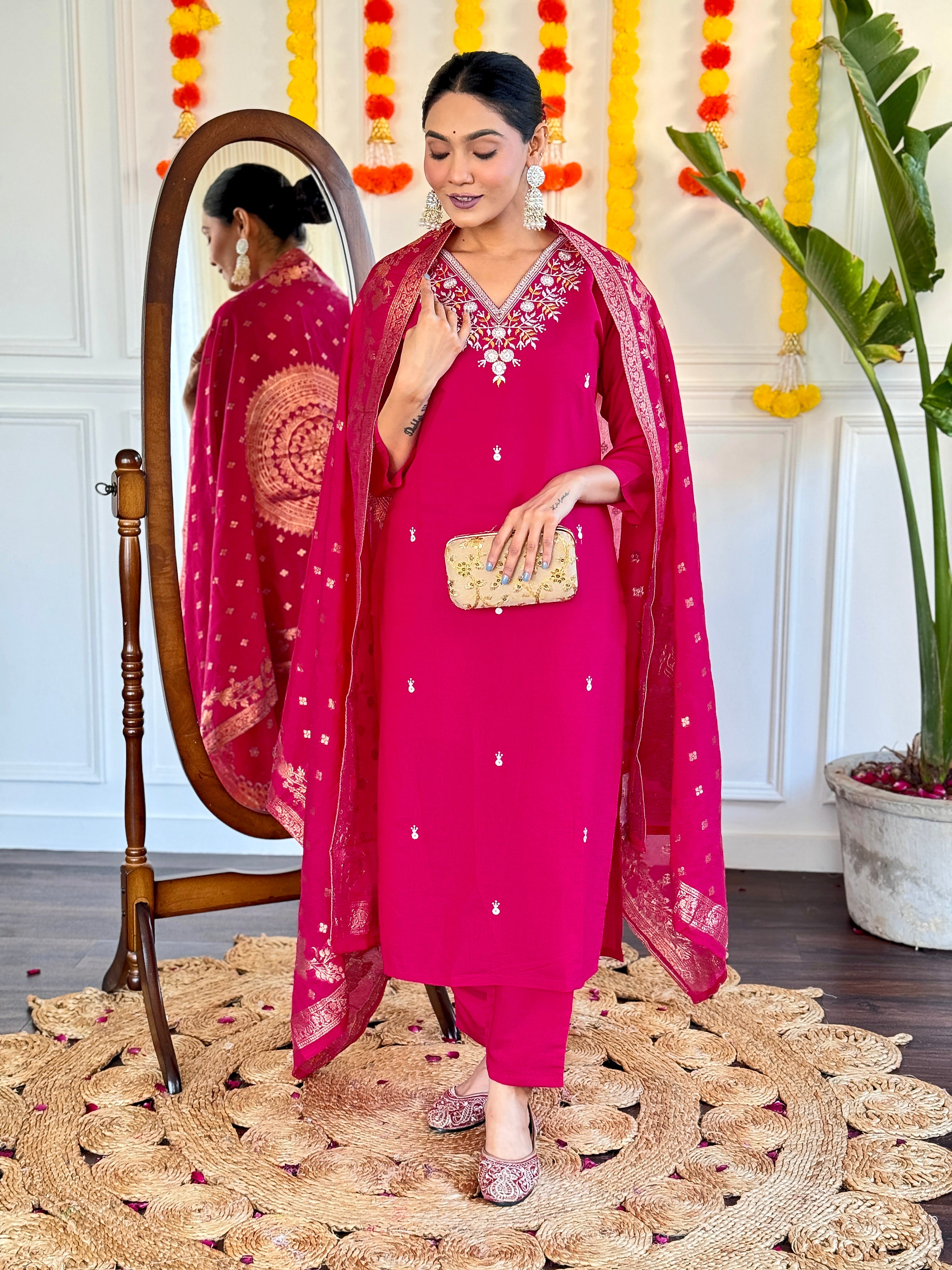 Women's Viscose Chanderi Embroidered Straight Kurta with Viscose Chanderi Pant & Nylon Jacquard Printed Dupatta Set