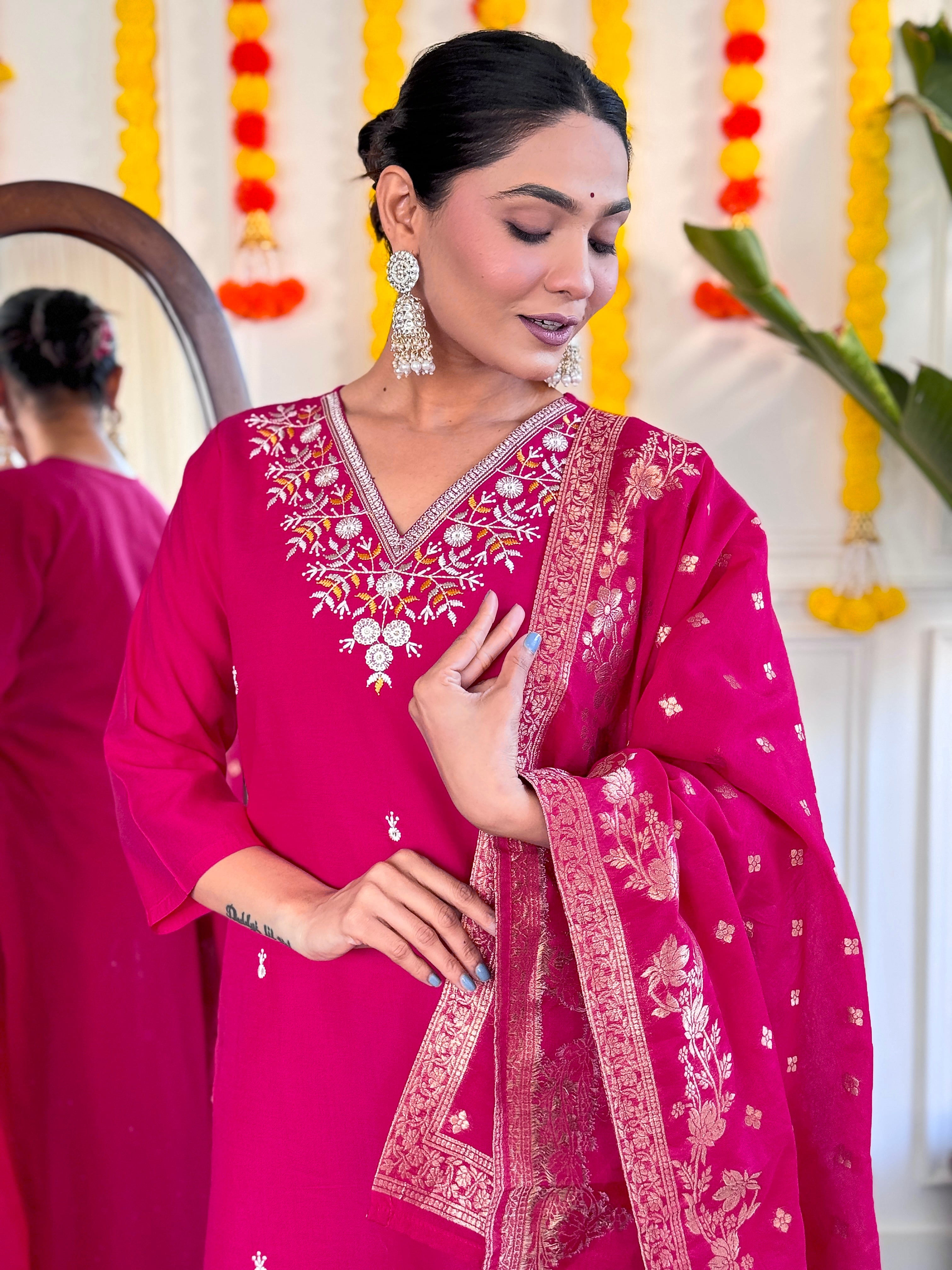 Women's Viscose Chanderi Embroidered Straight Kurta with Viscose Chanderi Pant & Nylon Jacquard Printed Dupatta Set