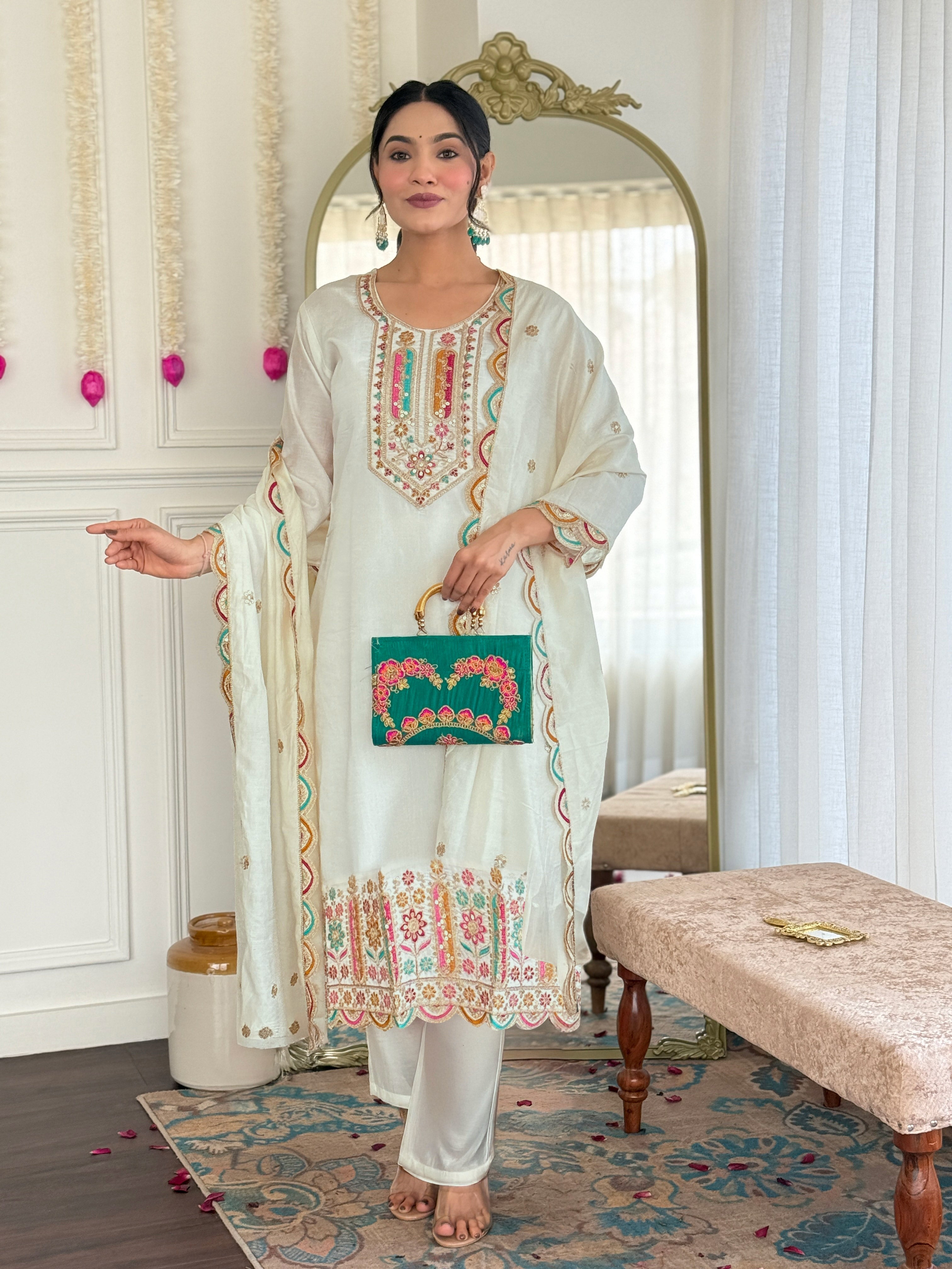 Women's White Viscose Chanderi Embroidered Straight Kurta with Viscose Chanderi Pant & Chanderi Printed Dupatta Set