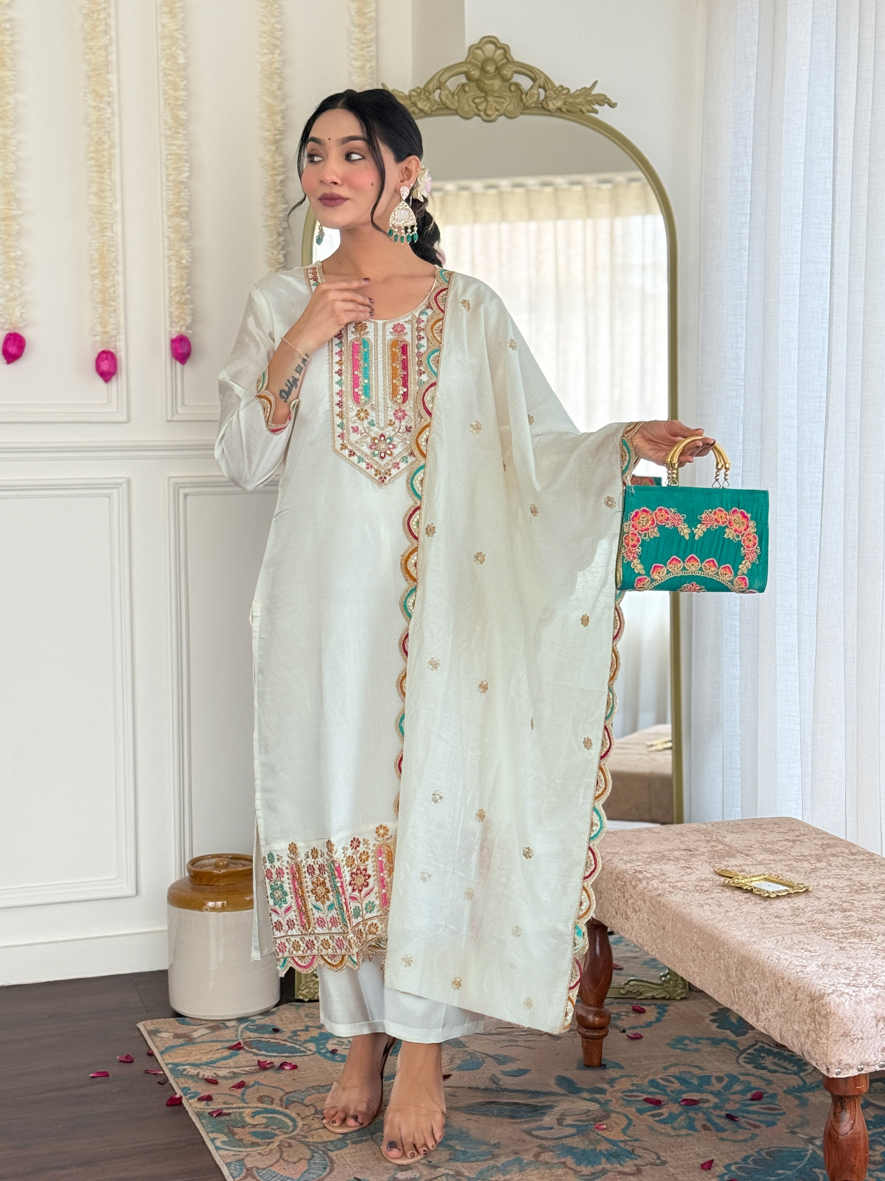Women's White Viscose Chanderi Embroidered Straight Kurta with Viscose Chanderi Pant & Chanderi Printed Dupatta Set