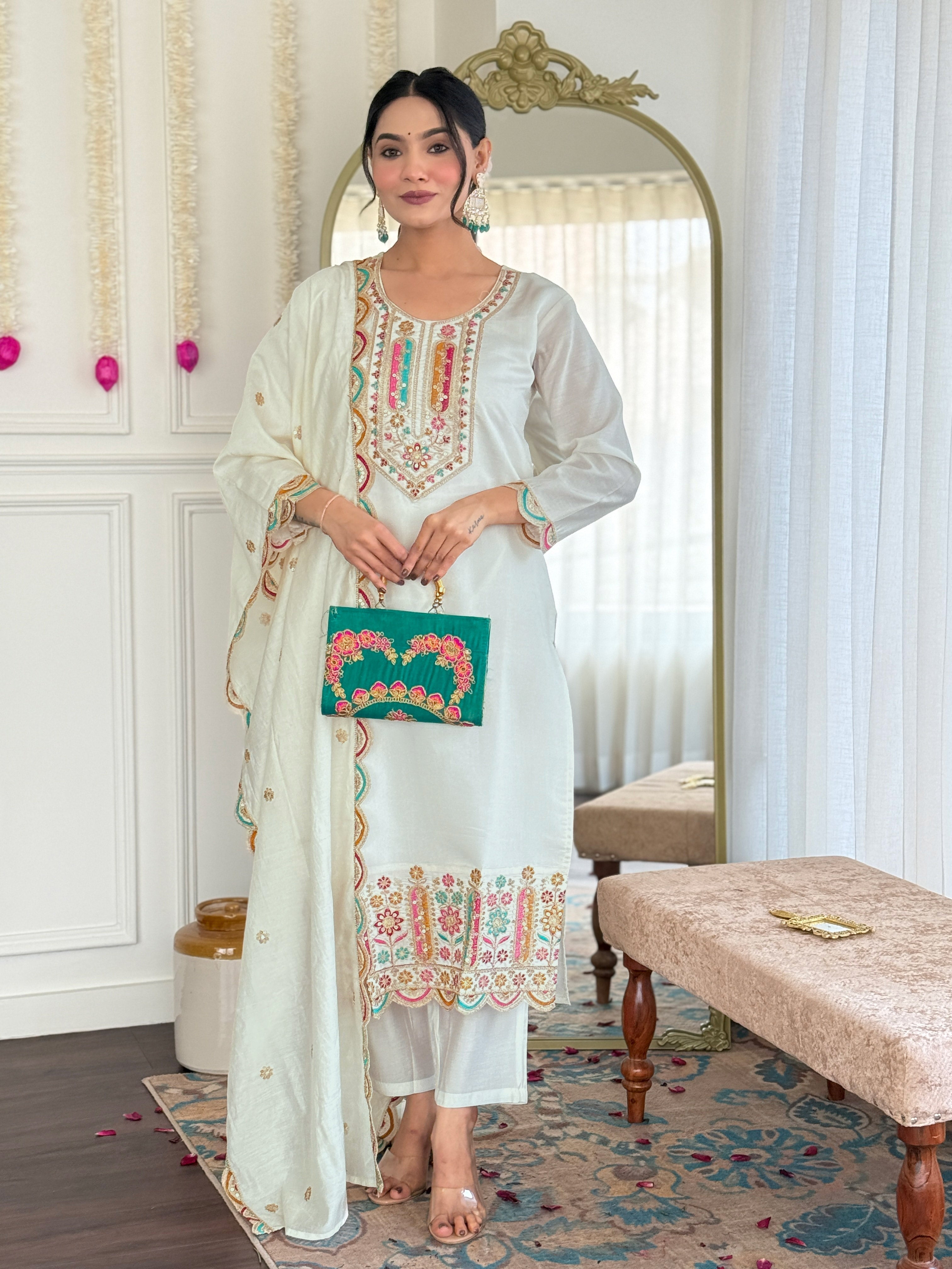 Women's White Viscose Chanderi Embroidered Straight Kurta with Viscose Chanderi Pant & Chanderi Printed Dupatta Set