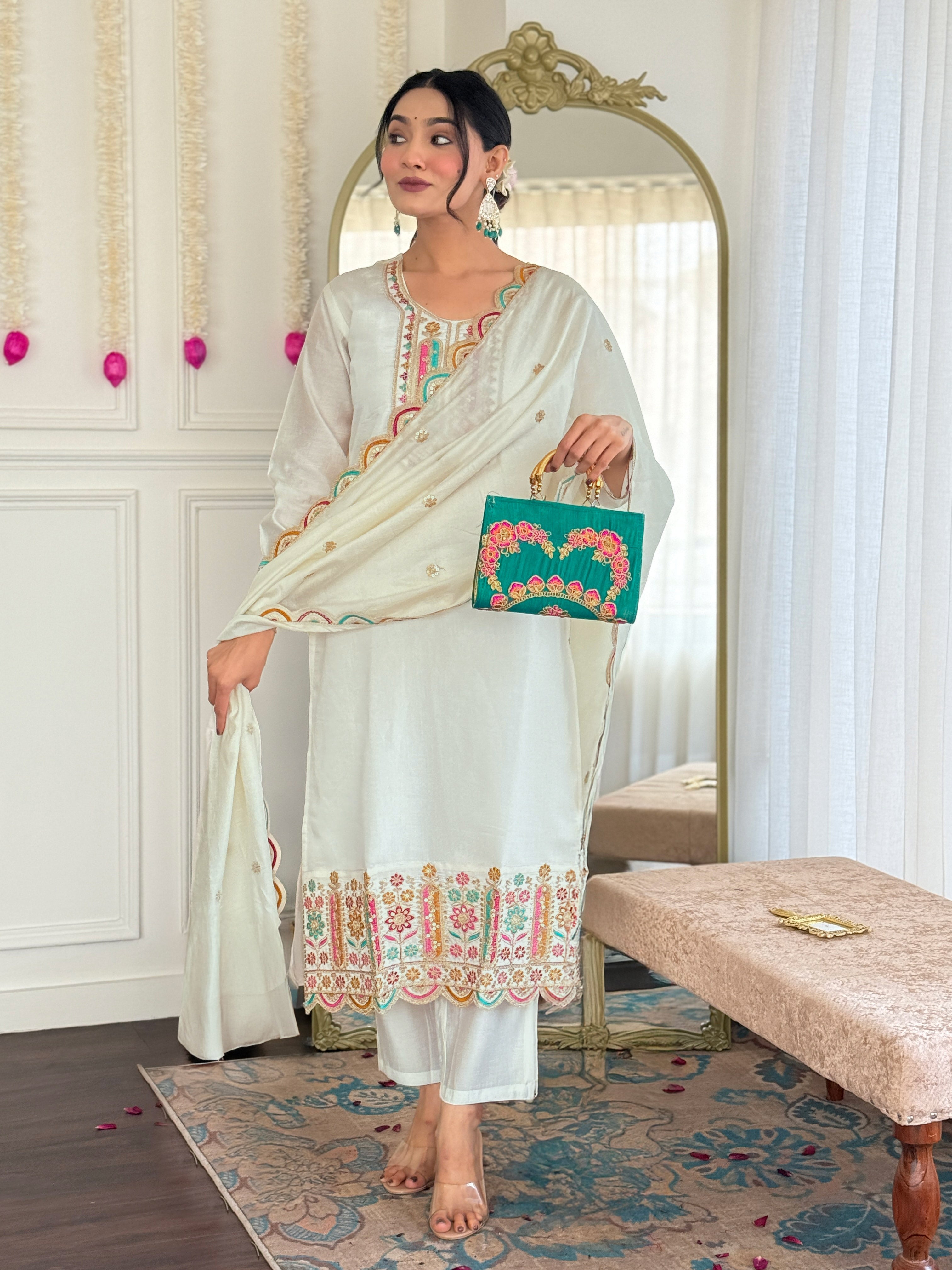 Women's White Viscose Chanderi Embroidered Straight Kurta with Viscose Chanderi Pant & Chanderi Printed Dupatta Set