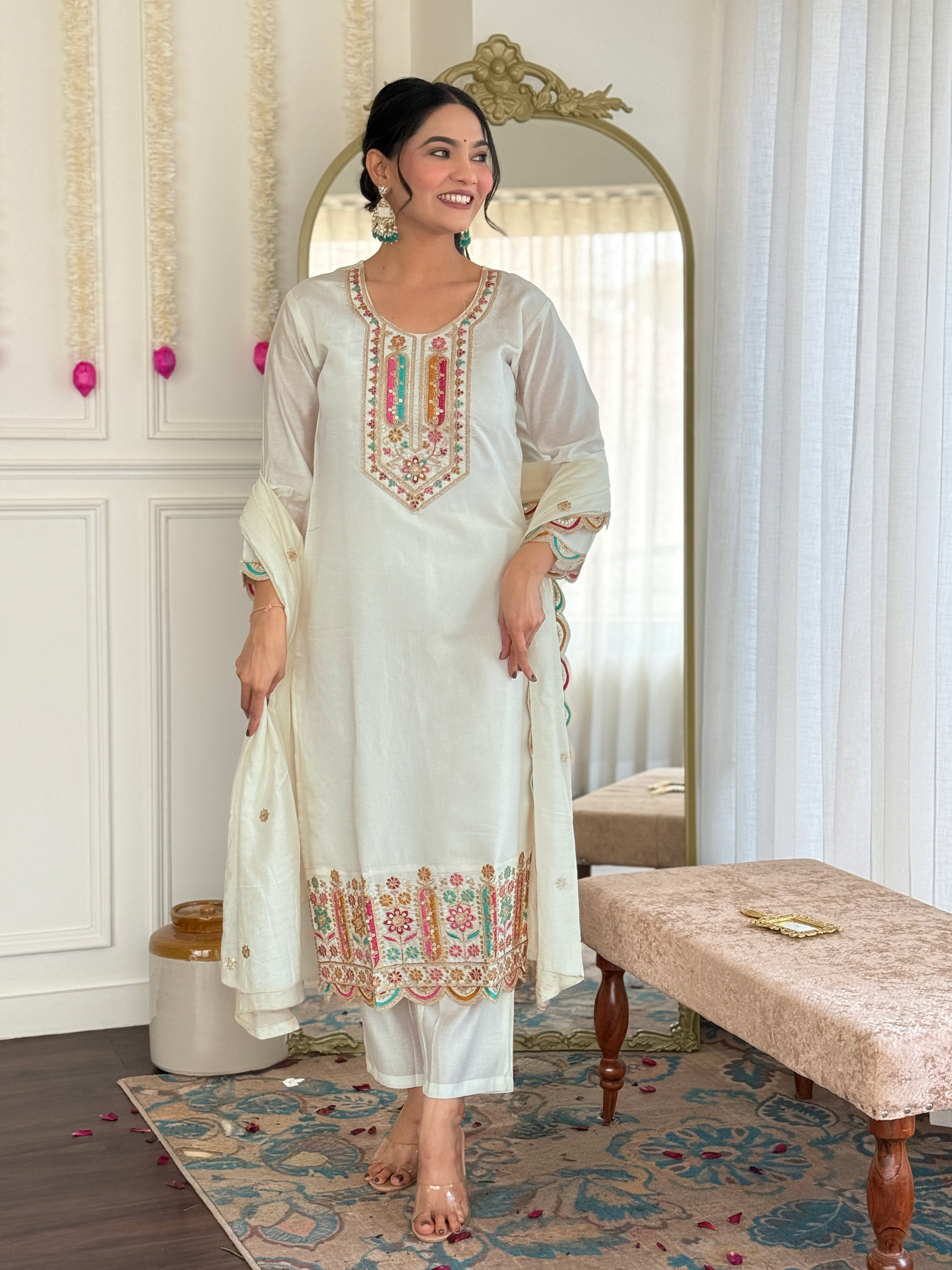 Women's White Viscose Chanderi Embroidered Straight Kurta with Viscose Chanderi Pant & Chanderi Printed Dupatta Set