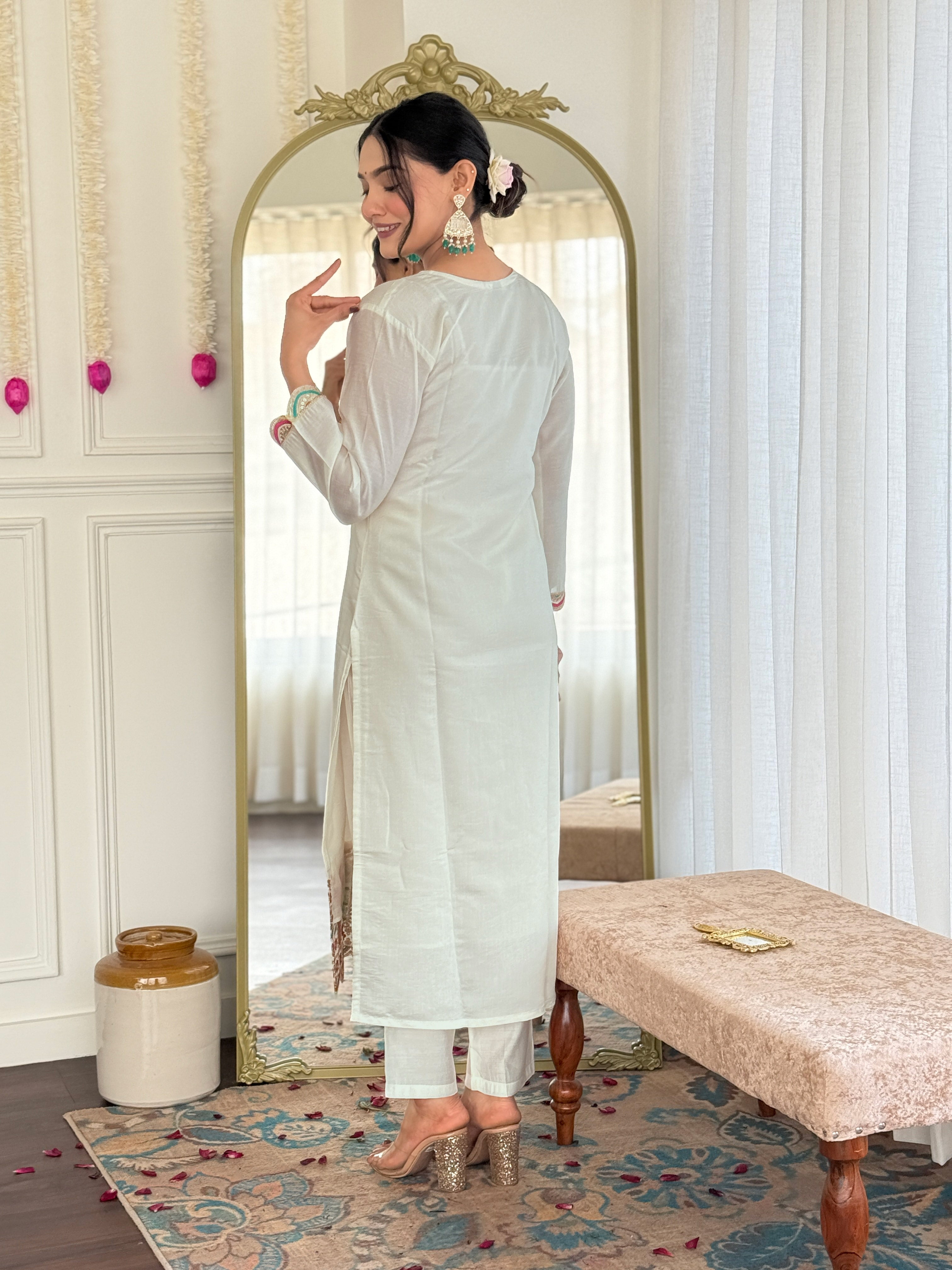 Women's White Viscose Chanderi Embroidered Straight Kurta with Viscose Chanderi Pant & Chanderi Printed Dupatta Set