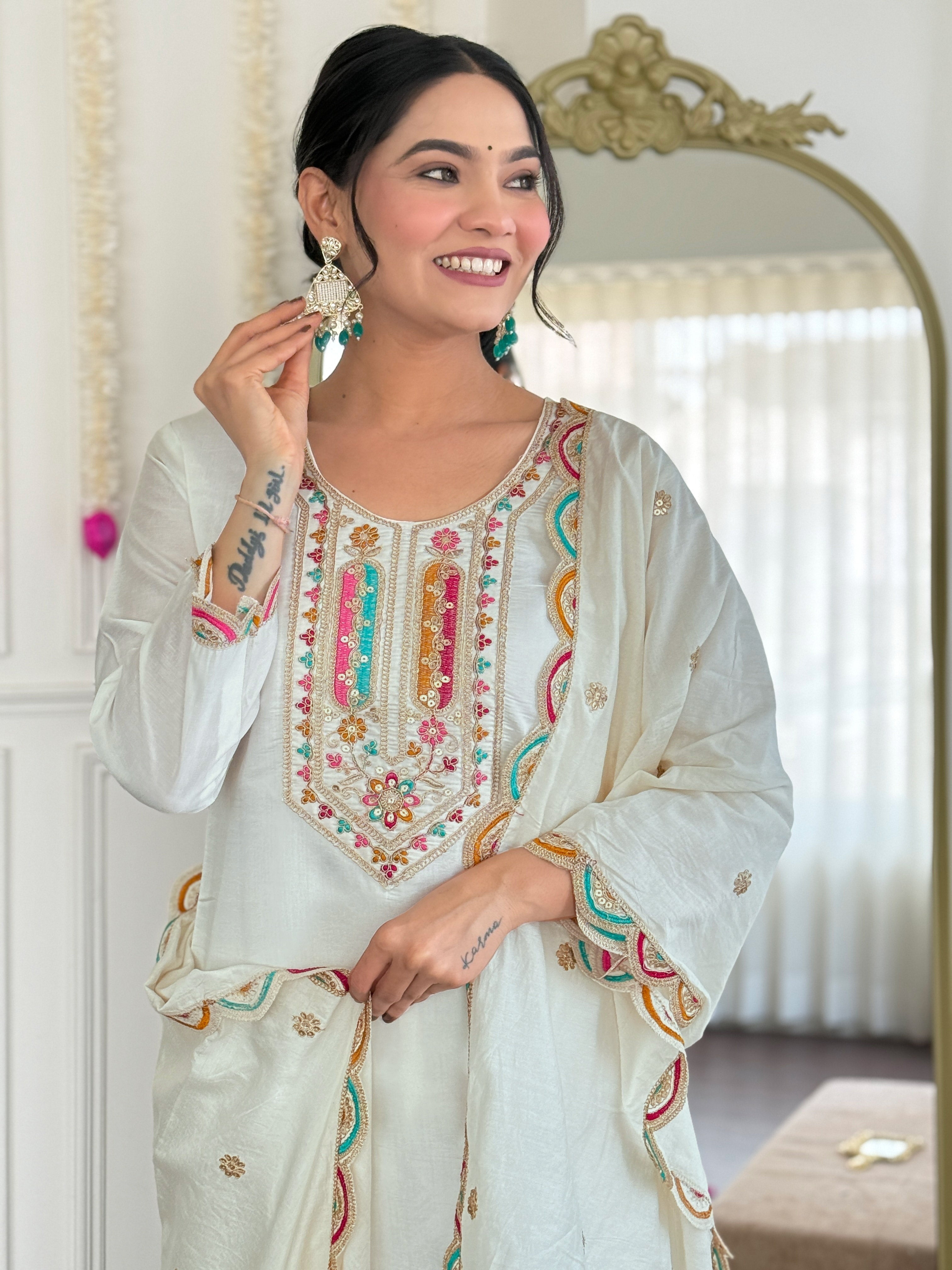 Women's White Viscose Chanderi Embroidered Straight Kurta with Viscose Chanderi Pant & Chanderi Printed Dupatta Set