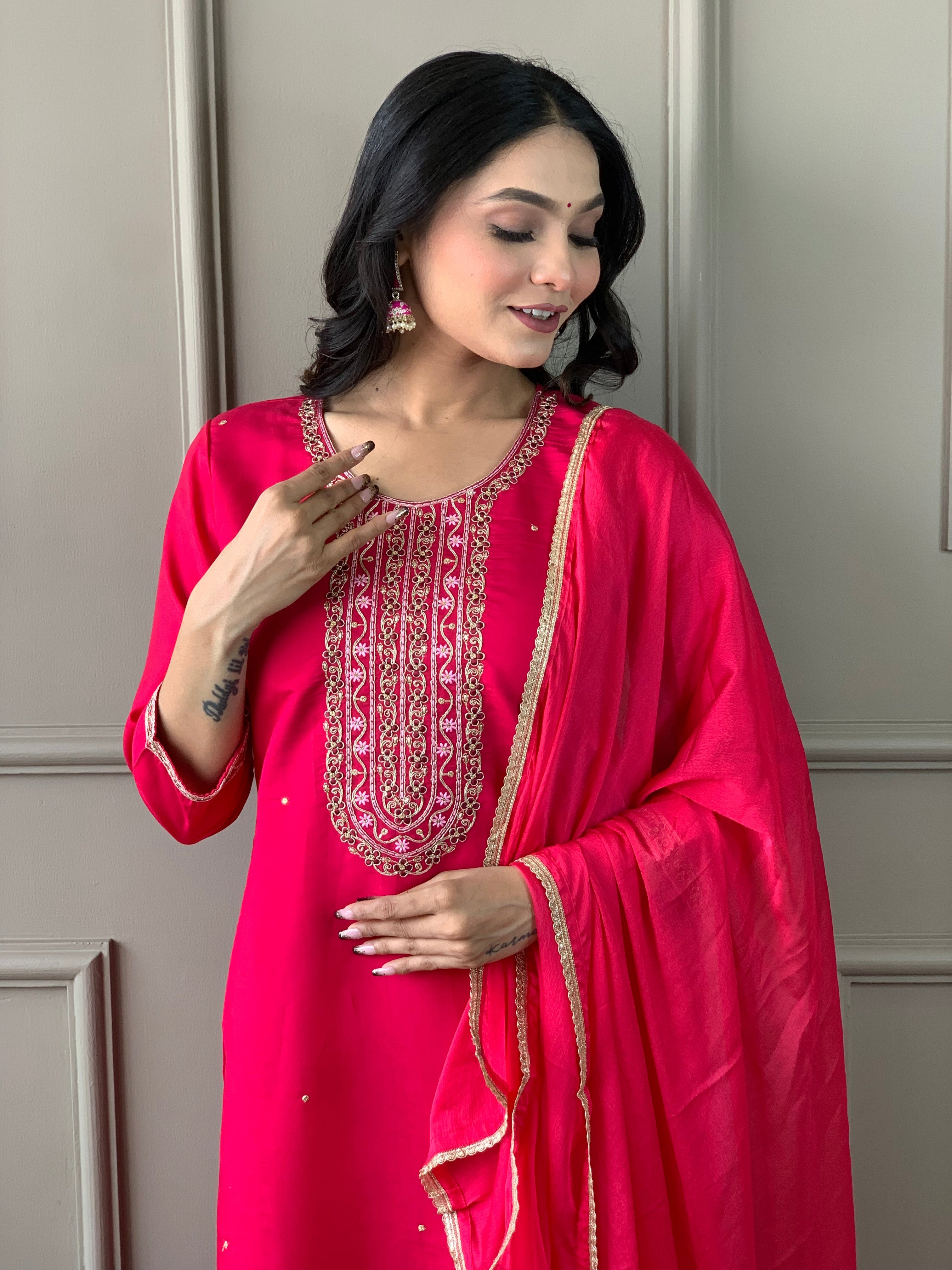 Women's White Viscose Chanderi Kurta Sharara Set with Dupatt